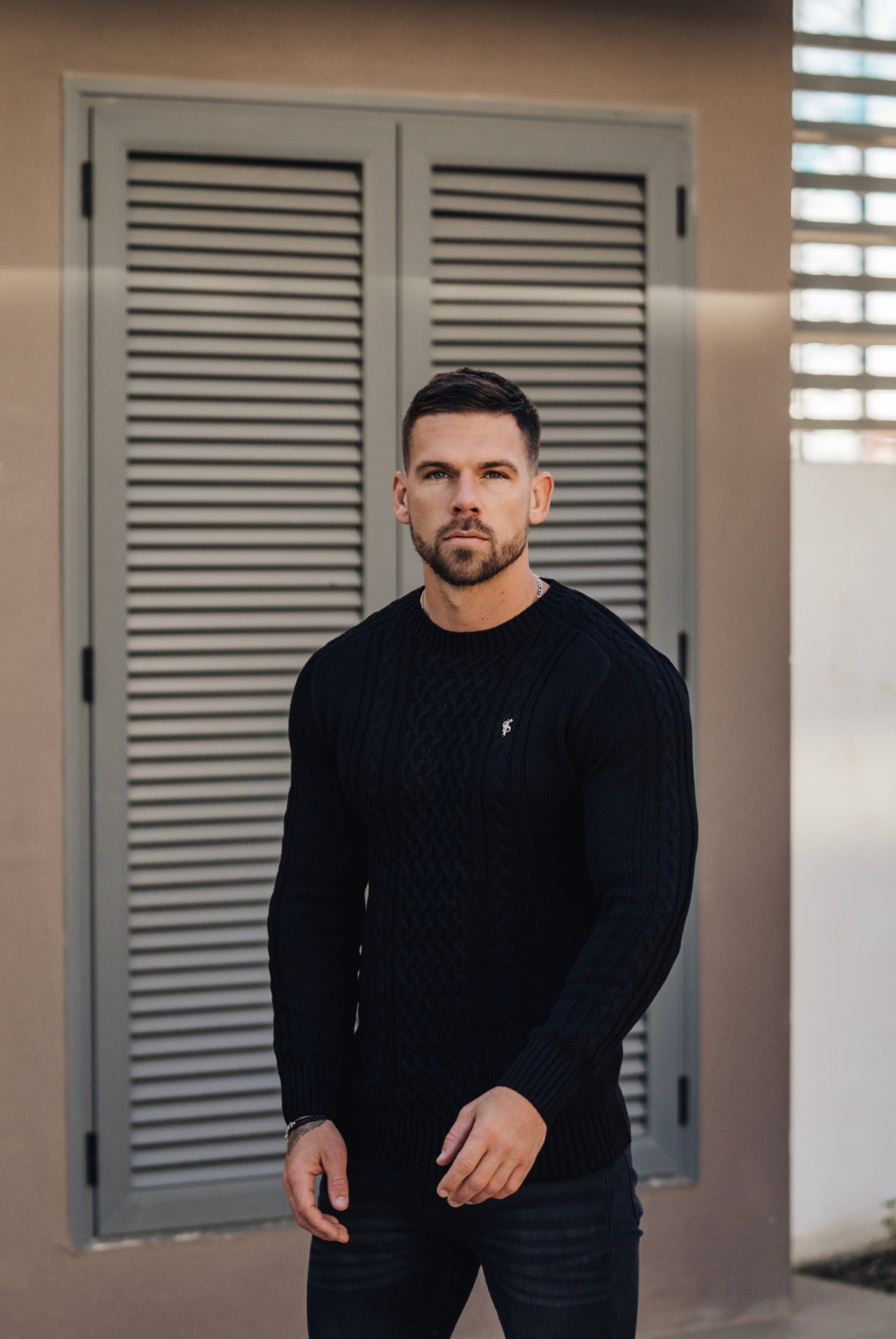 Black Knitted Cable Saddle Crew Super Slim Jumper With Metal Decal - FSN073