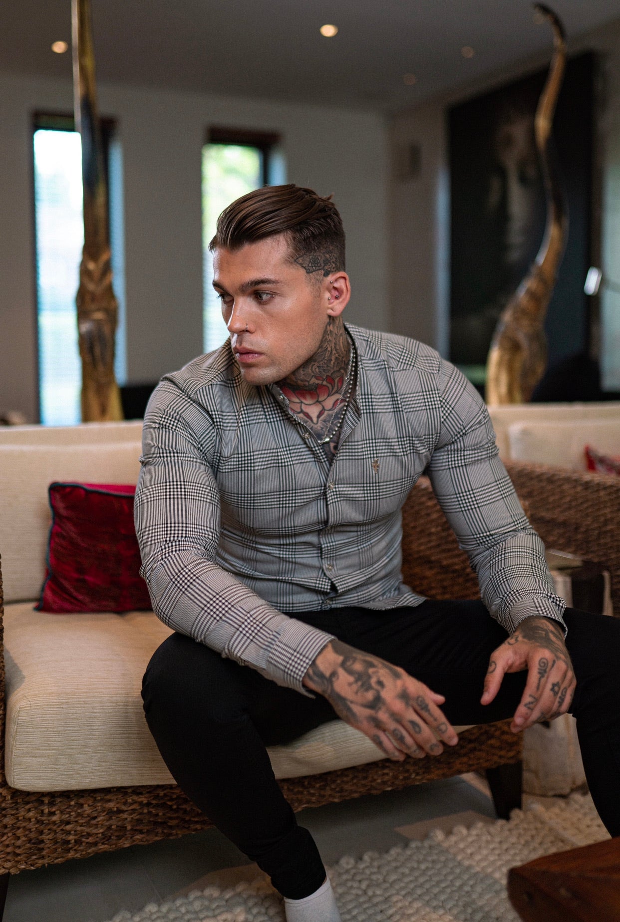 Super Slim Stretch Prince Of Wales White and Black Check Long Sleeve Grandad Collar with Metal Buttons and Emblem- FS733