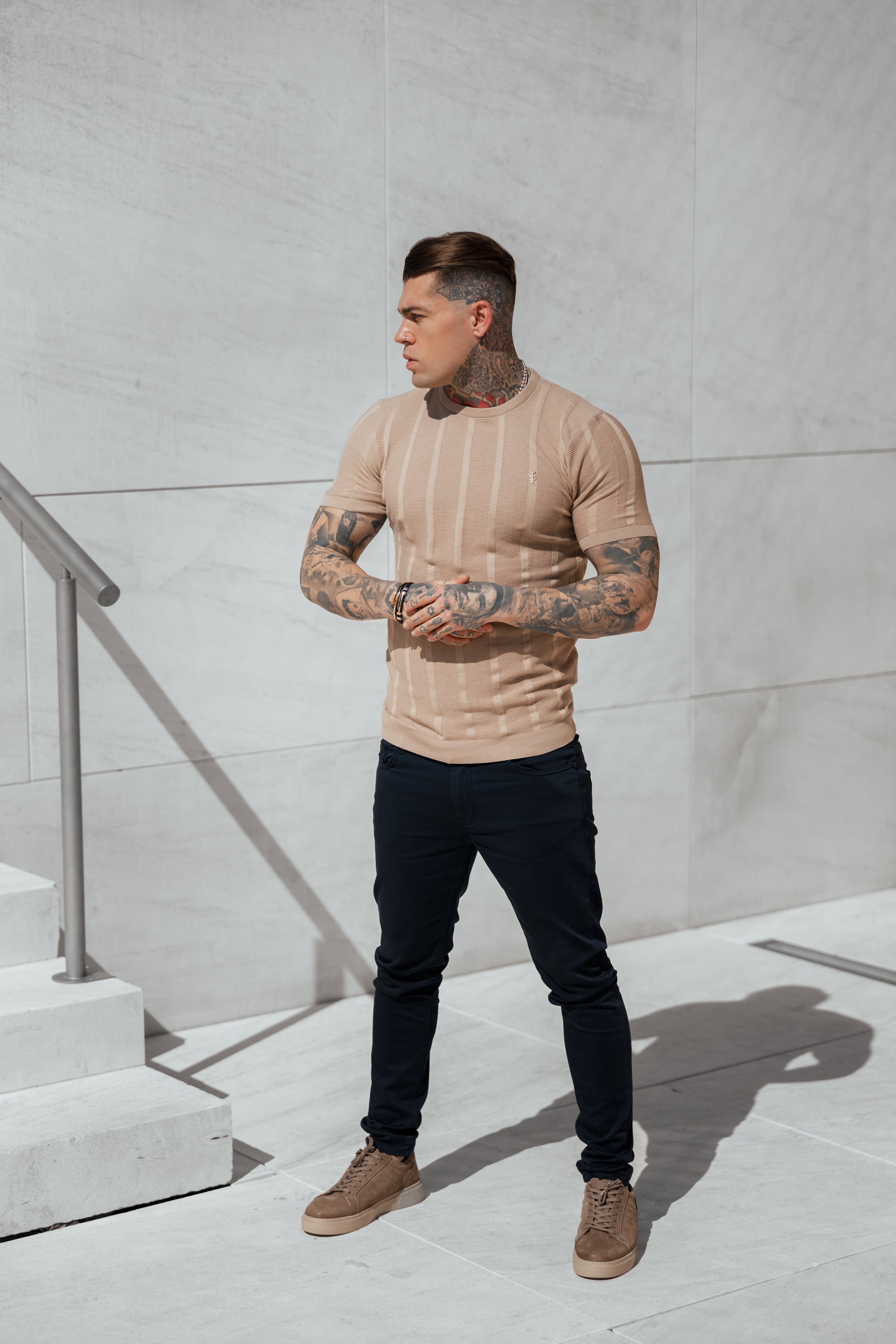 Classic Short Sleeve Oatmeal Knitted Wide Rib Crew with Gold Emblem - FSH741