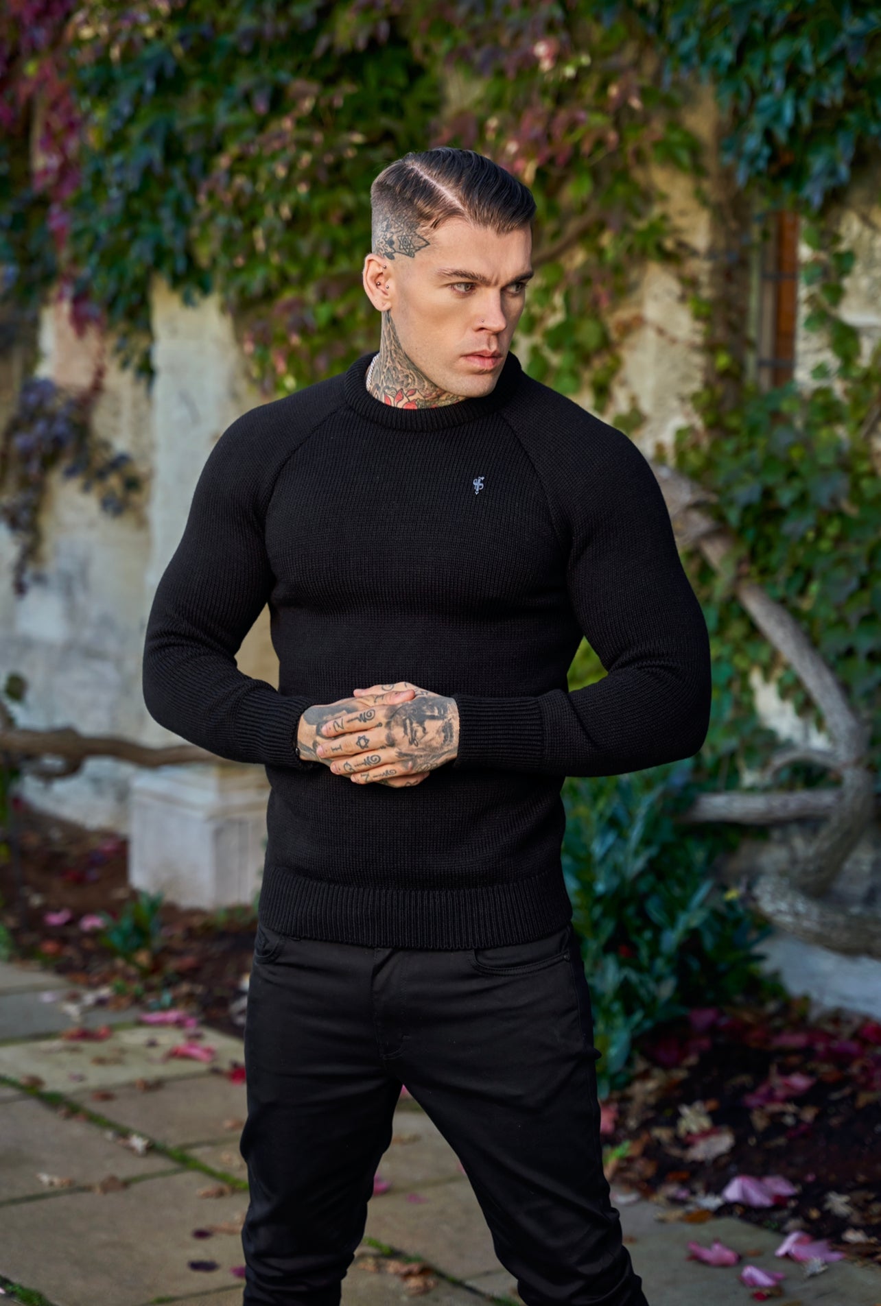 Black Knitted Raglan Crew Super Slim Jumper With Metal Decal - FSJ050