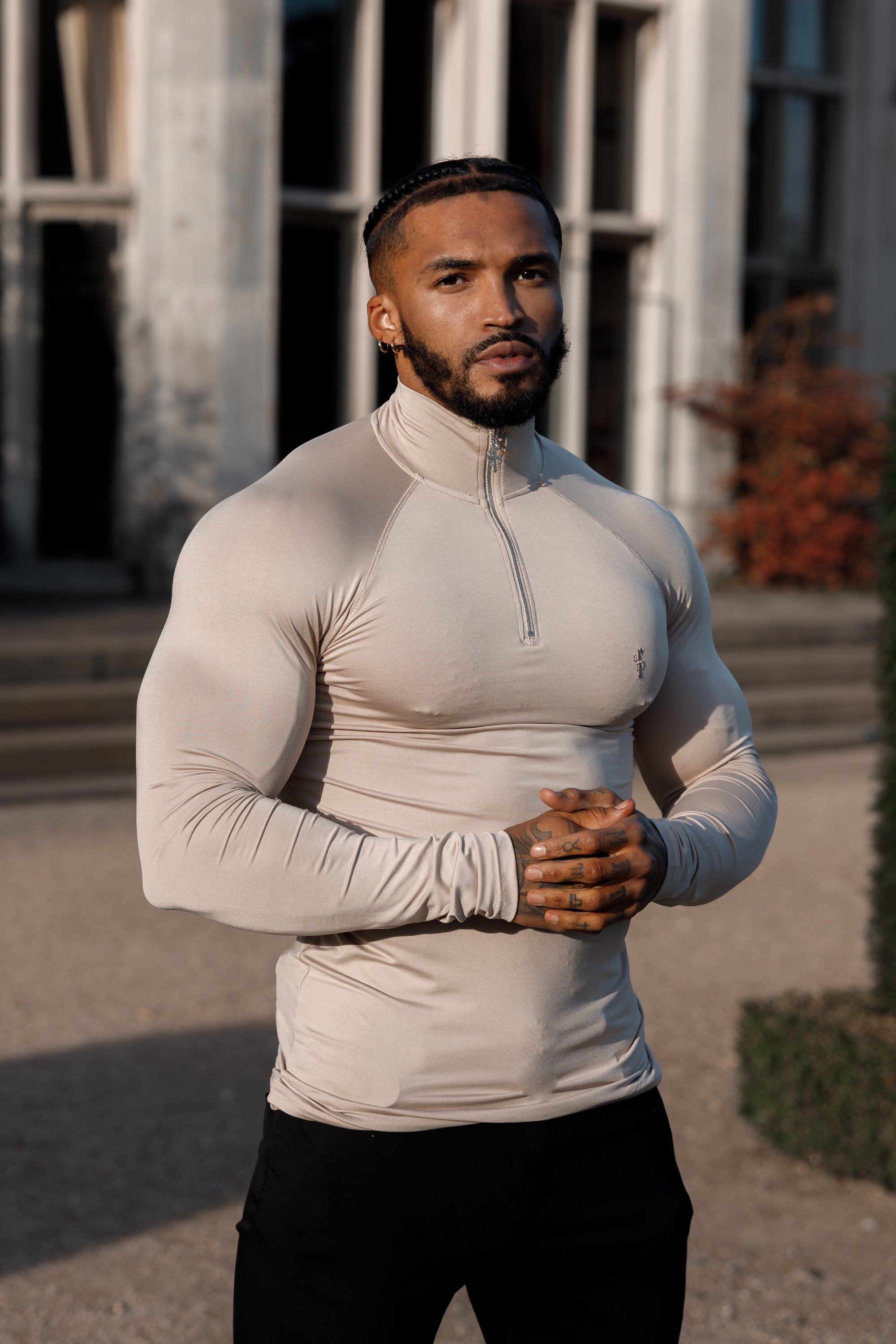 Long Sleeve Beige Half Zip Gym Top - FSH749