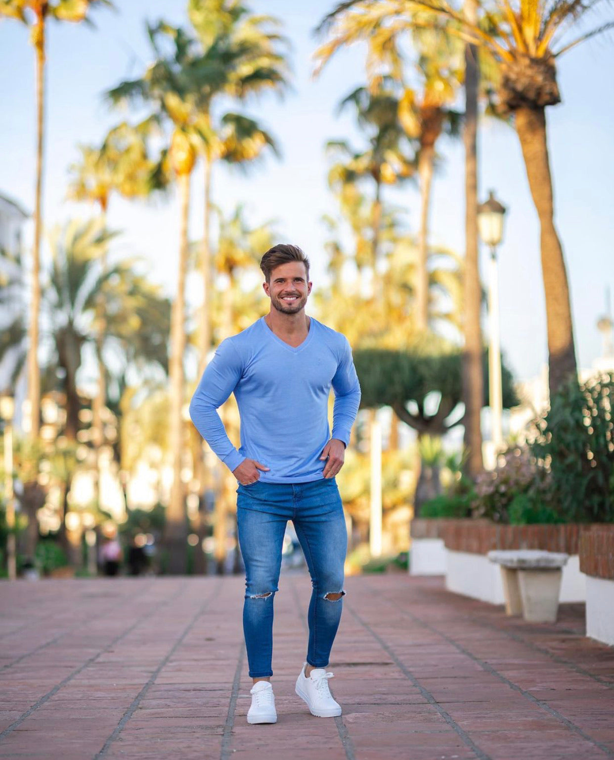 Light Blue Bamboo V Neck Crew Long Sleeve - FSH587