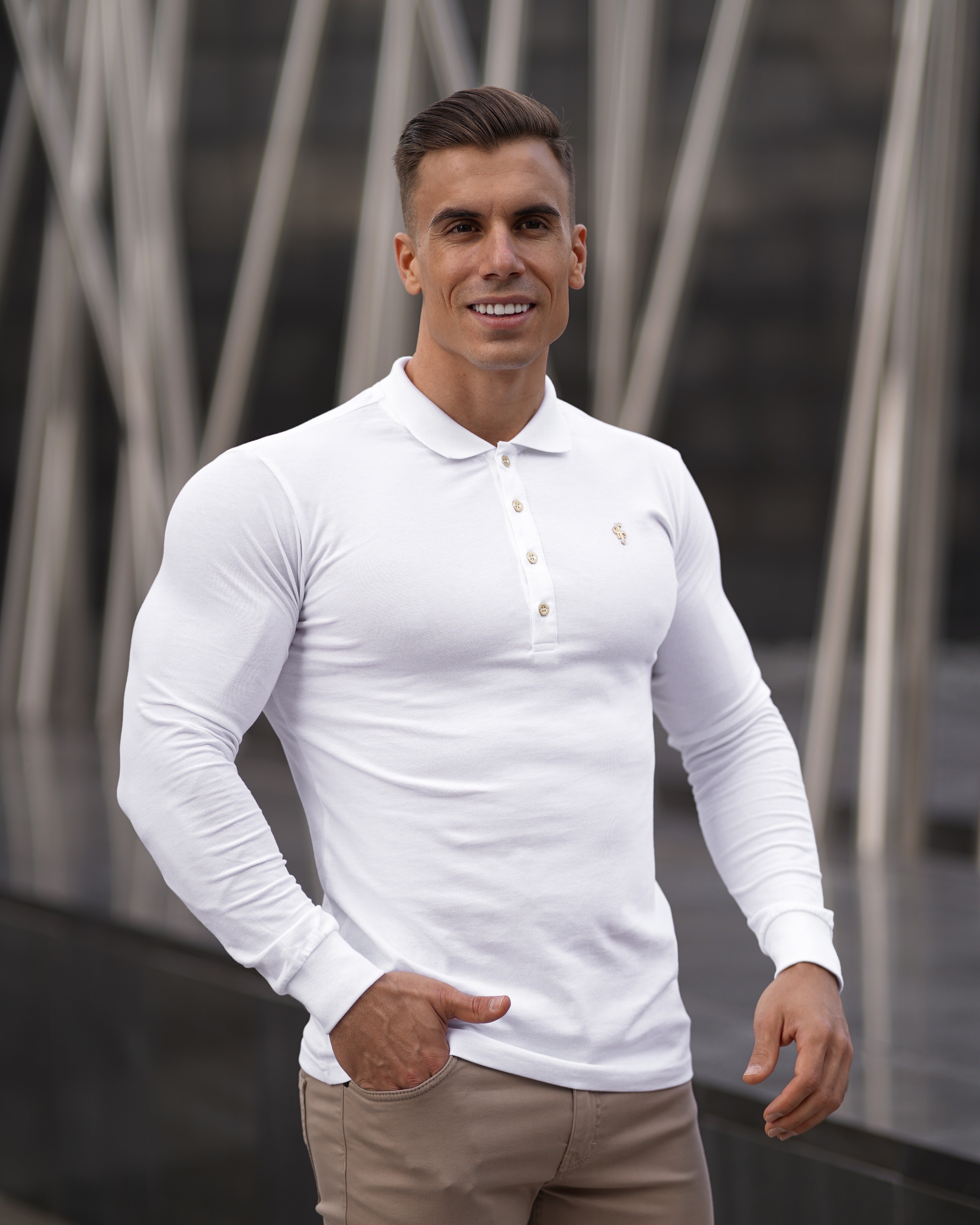 Classic White Long Sleeve Polo Shirt with Gold Metal Emblem Decal & Buttons - FSH515