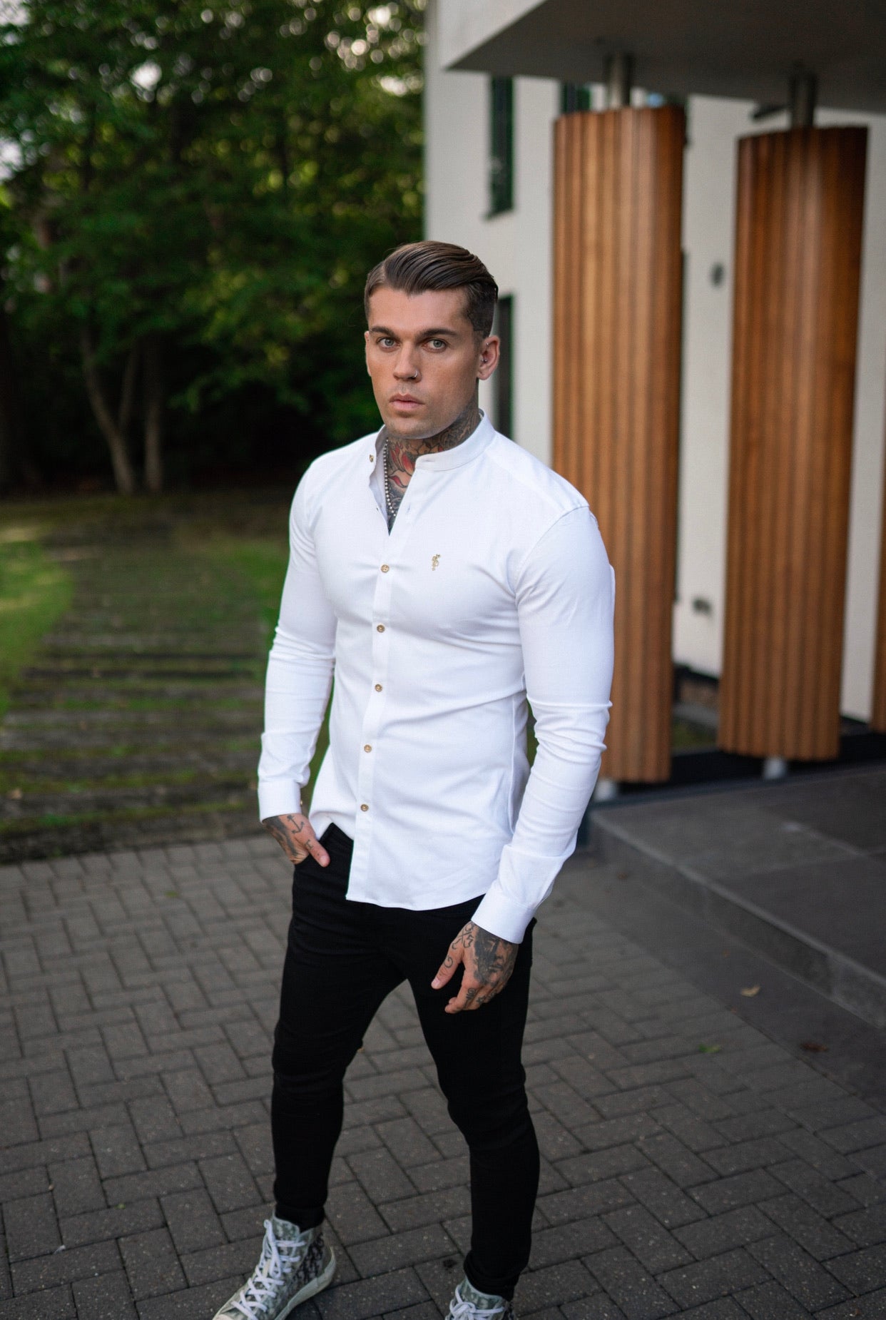 Super Slim Stretch White Denim Long Sleeve Grandad collar with Metal Buttons and Decal Emblem - FS719