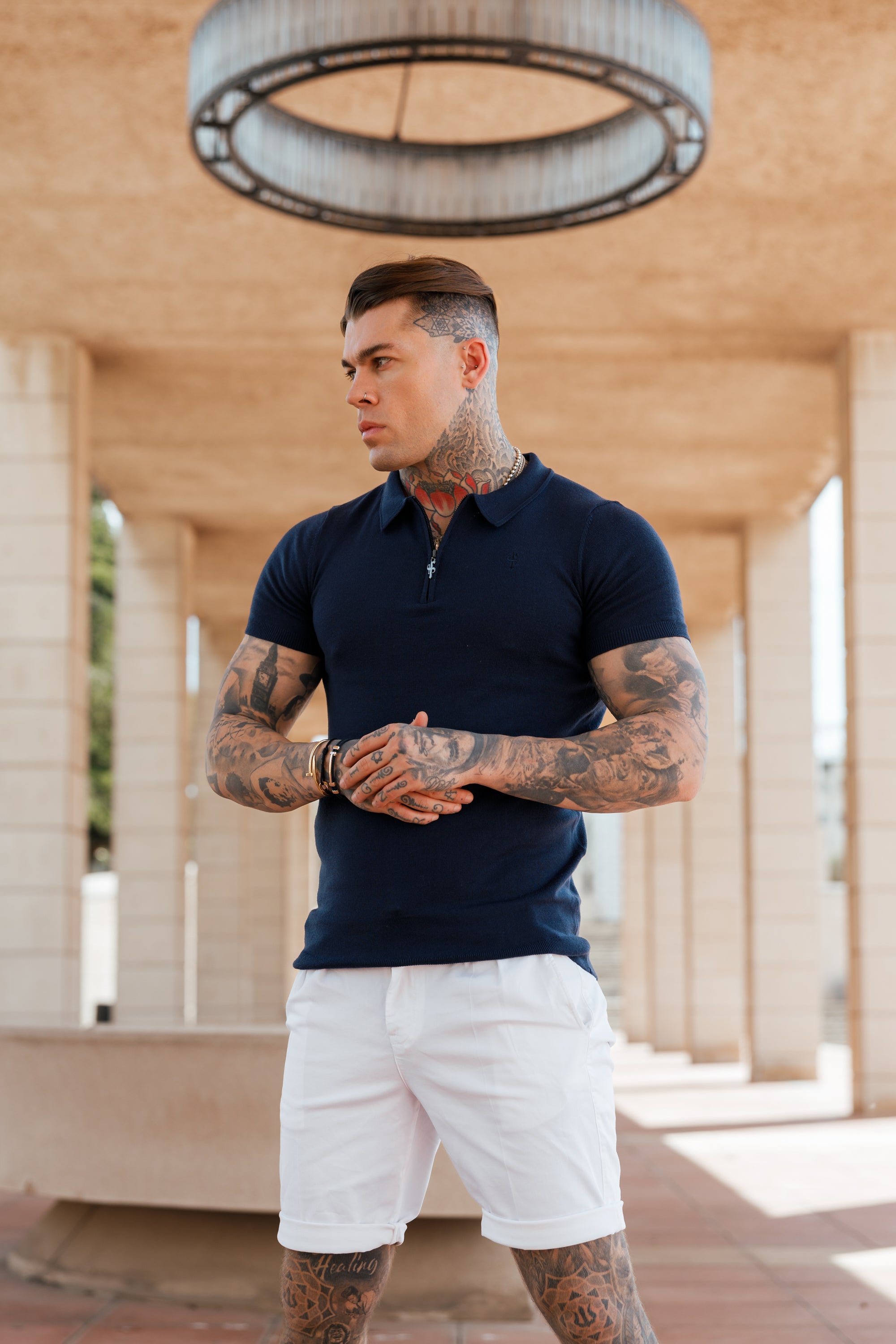 Classic Navy Merino Wool Knitted Zip Polo Short Sleeve Jumper With FS Embroidery- FSN027
