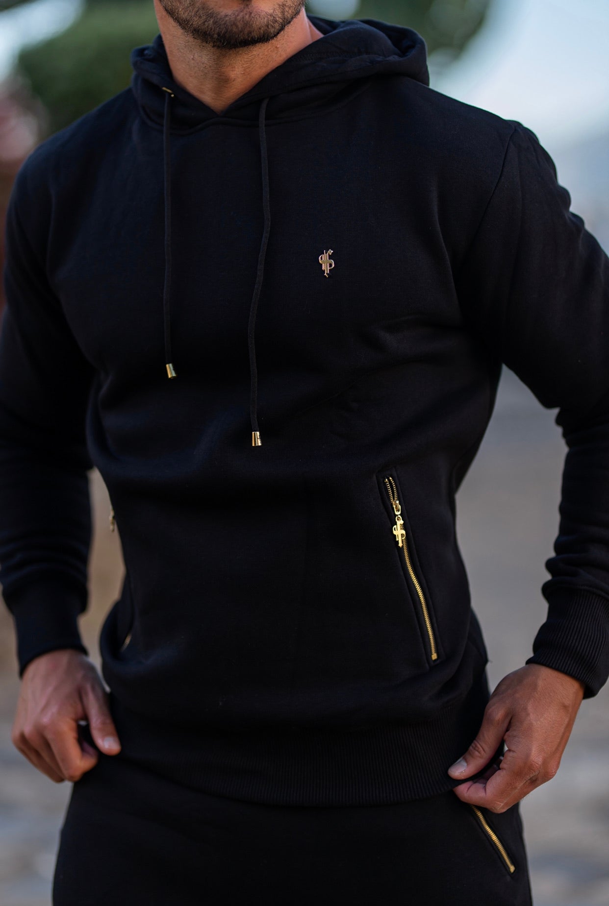 Black & Gold Overhead Hoodie Top with Zipped Pockets - FSH472