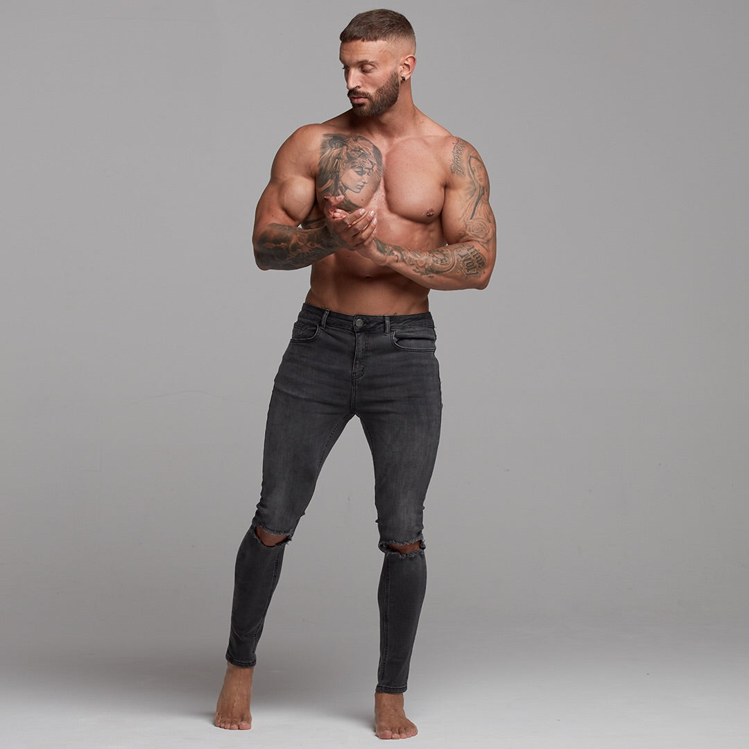 Stretch Washed Black Ripped Tapered Ankle Skinny Jeans - FSH227