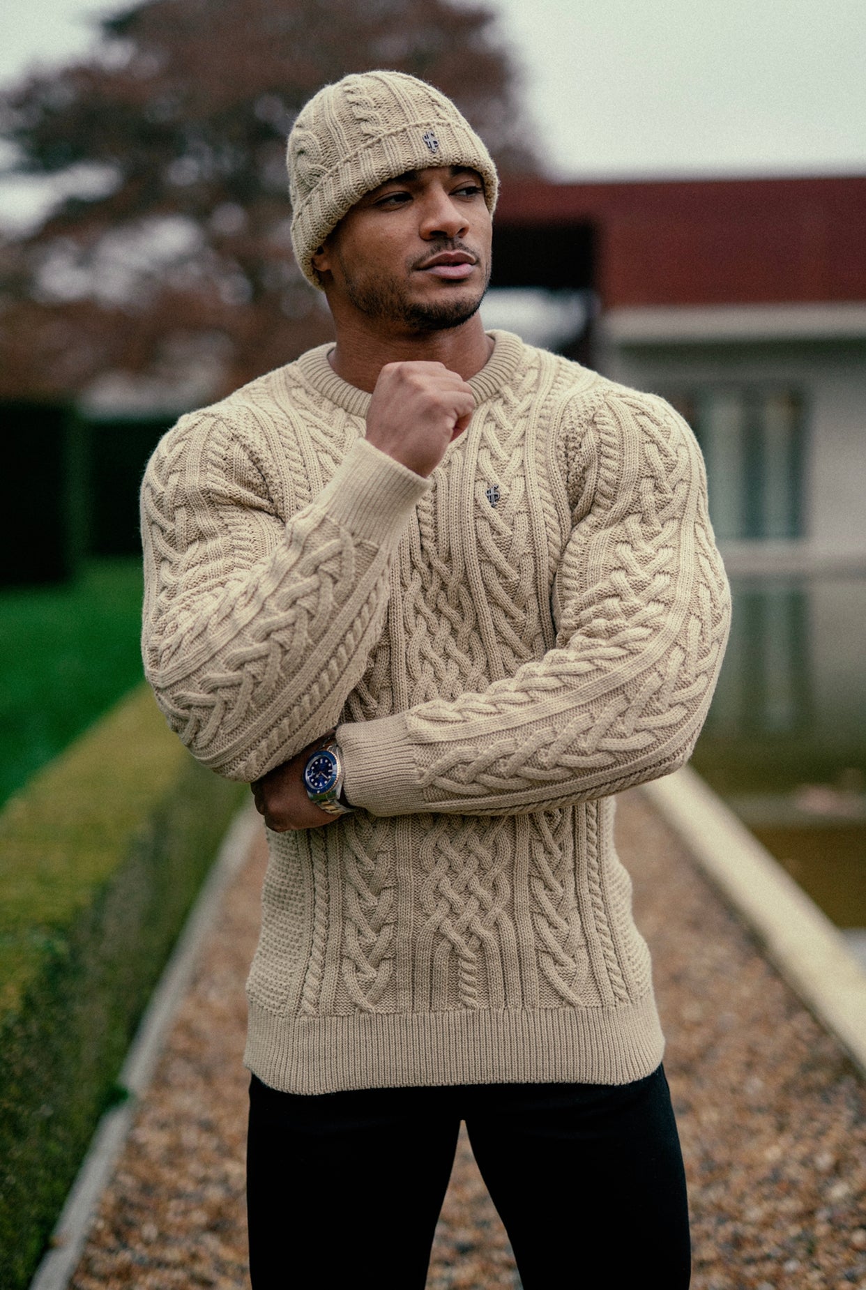 Oatmeal Twisted Braid Weave Super Slim Jumper With Gunmetal Decal - FSJ044