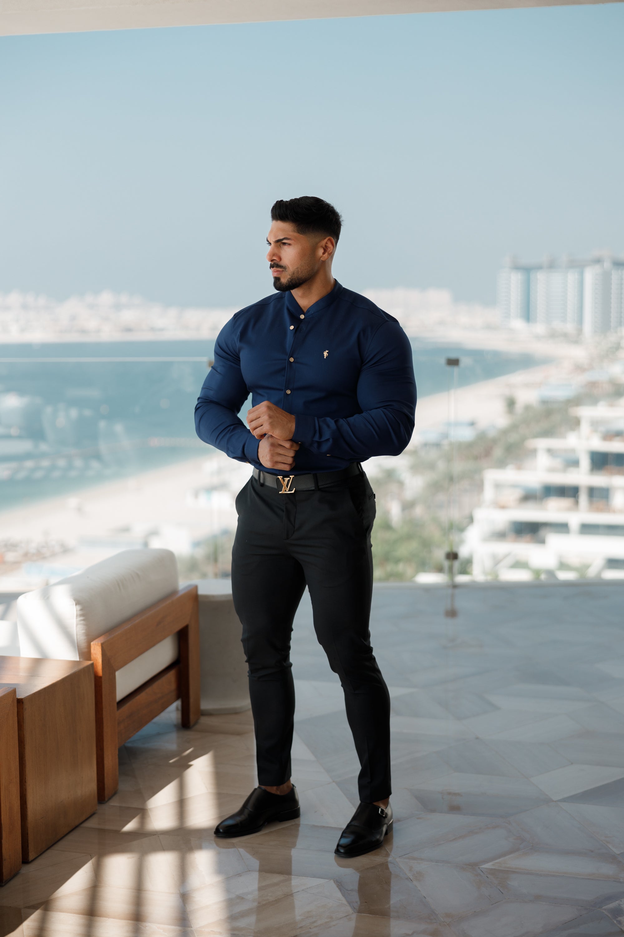 Super Slim Stretch Navy Denim Long Sleeve Grandad collar with Metal Buttons and Decal Emblem - FS713