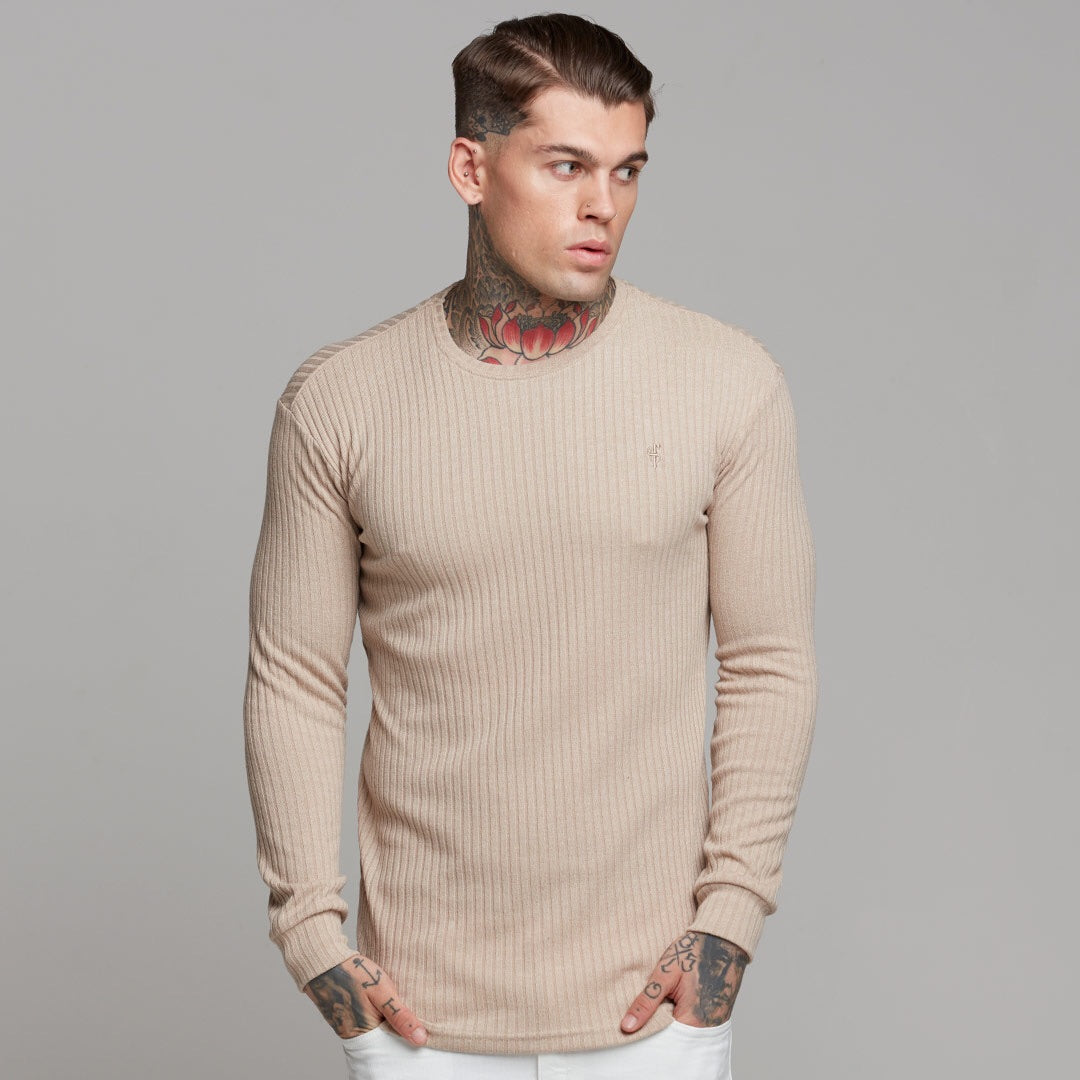 Classic Beige Long Sleeve Ribbed Knit Super Slim Crew - FSH293