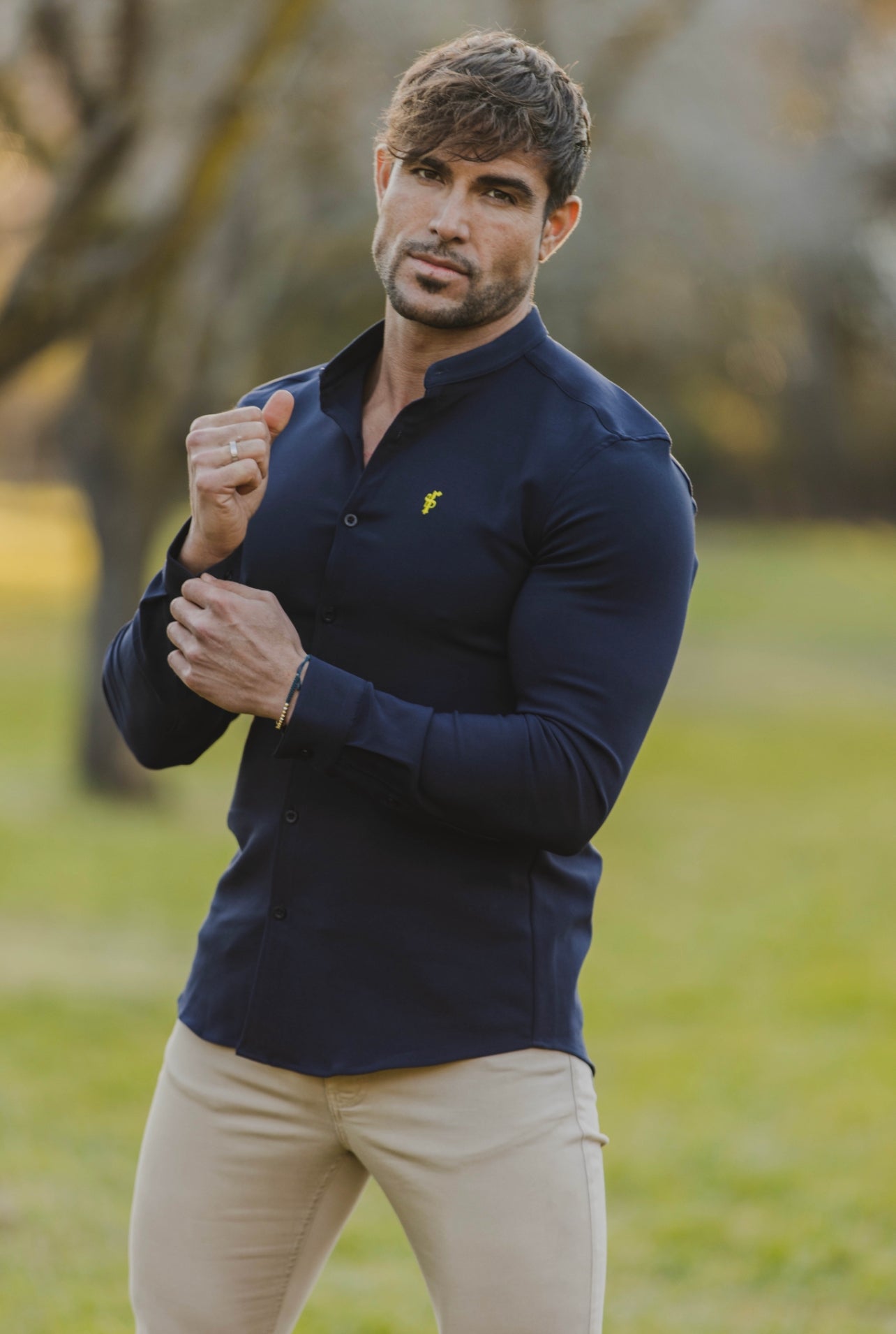 Super Slim Scuba Navy Long Sleeve Stretch With Grandad Collar - FS934
