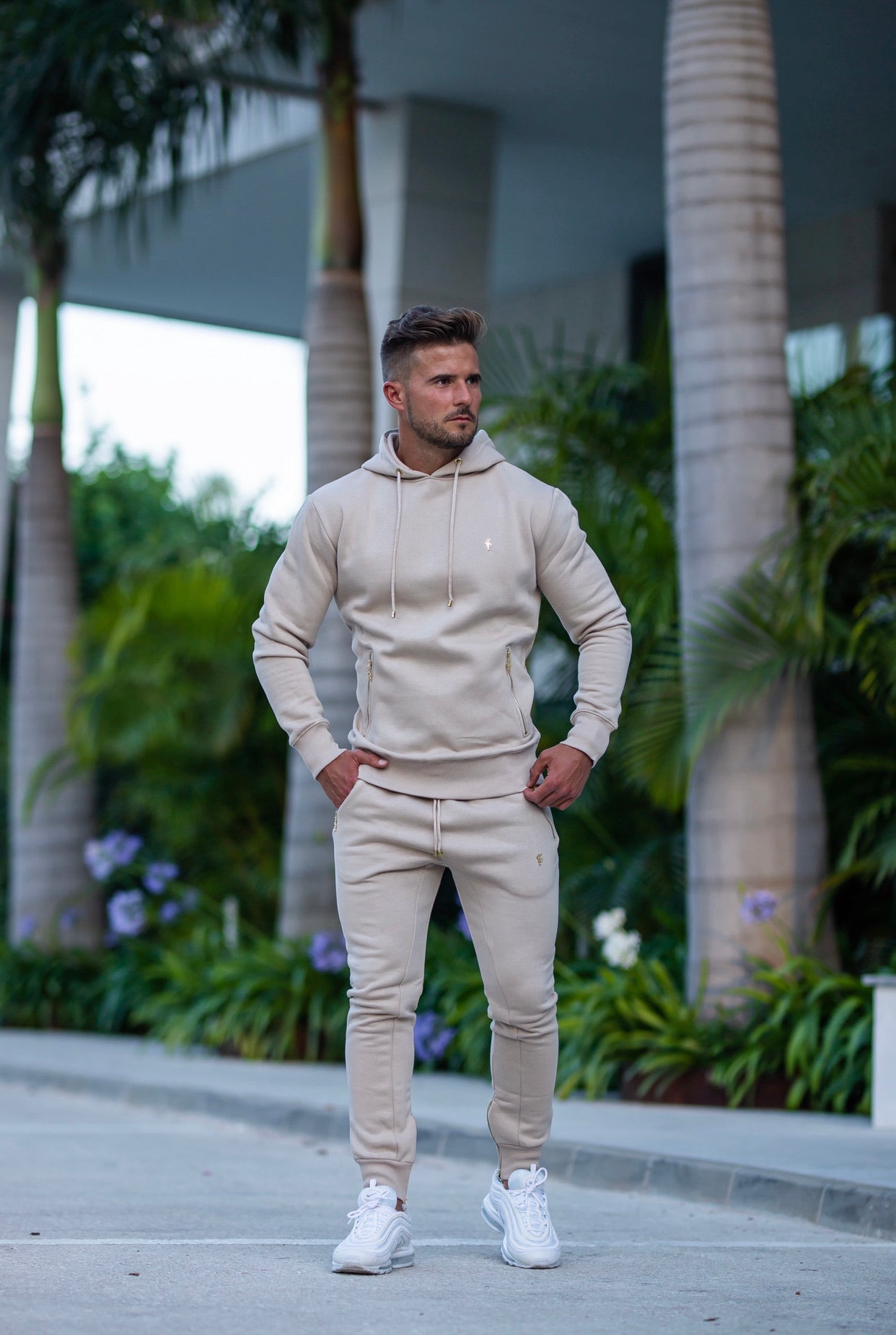 Beige & Gold Overhead Hoodie Top with Zipped Pockets - FSH483