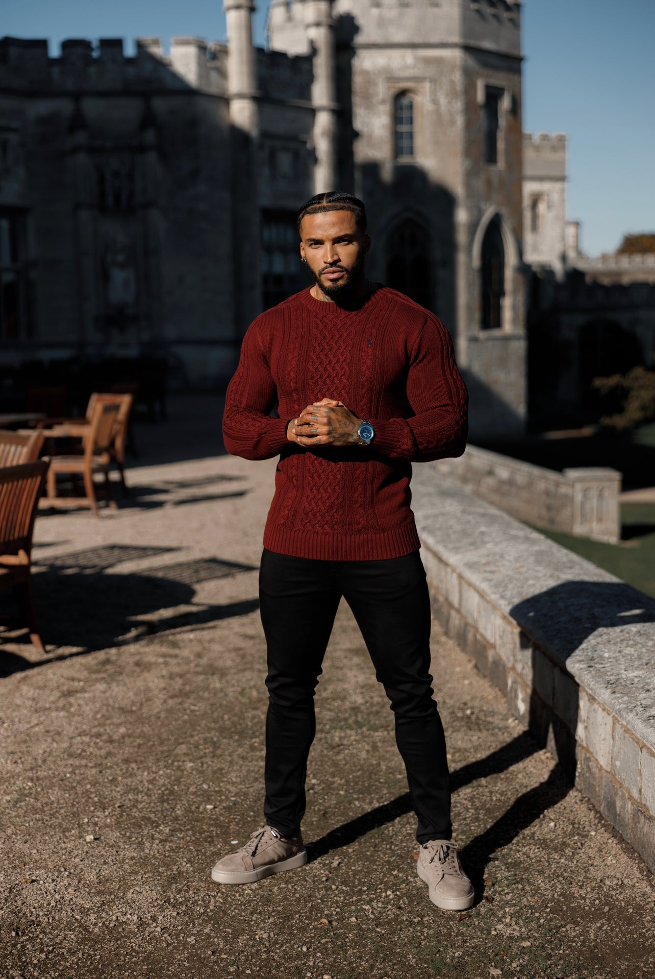 Burgundy Knitted Cable Saddle Crew Super Slim Jumper With Metal Decal - FSN079