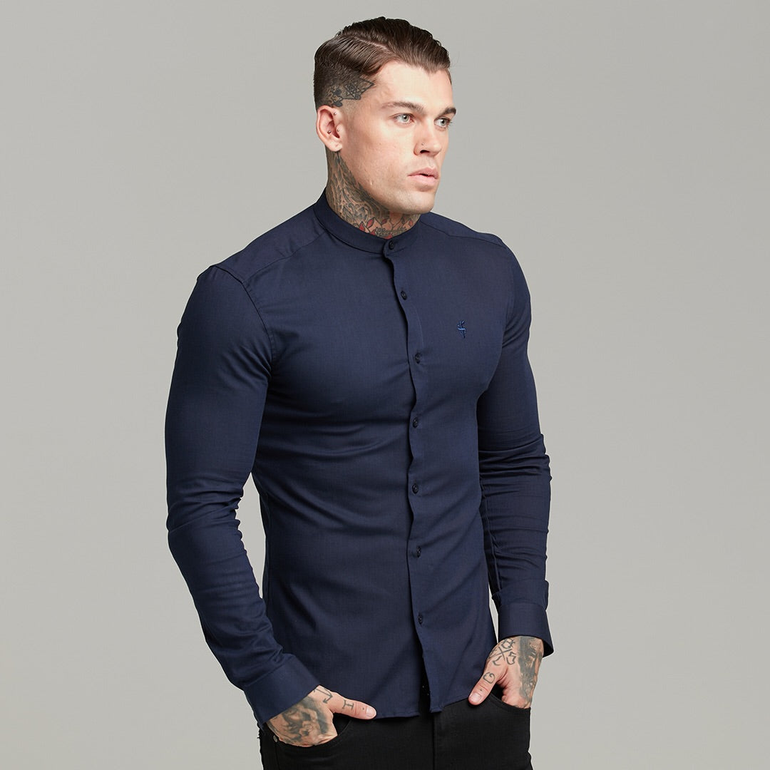 Super Slim Stretch Grandad Collar Classic Navy Oxford Long Sleeve - FS583