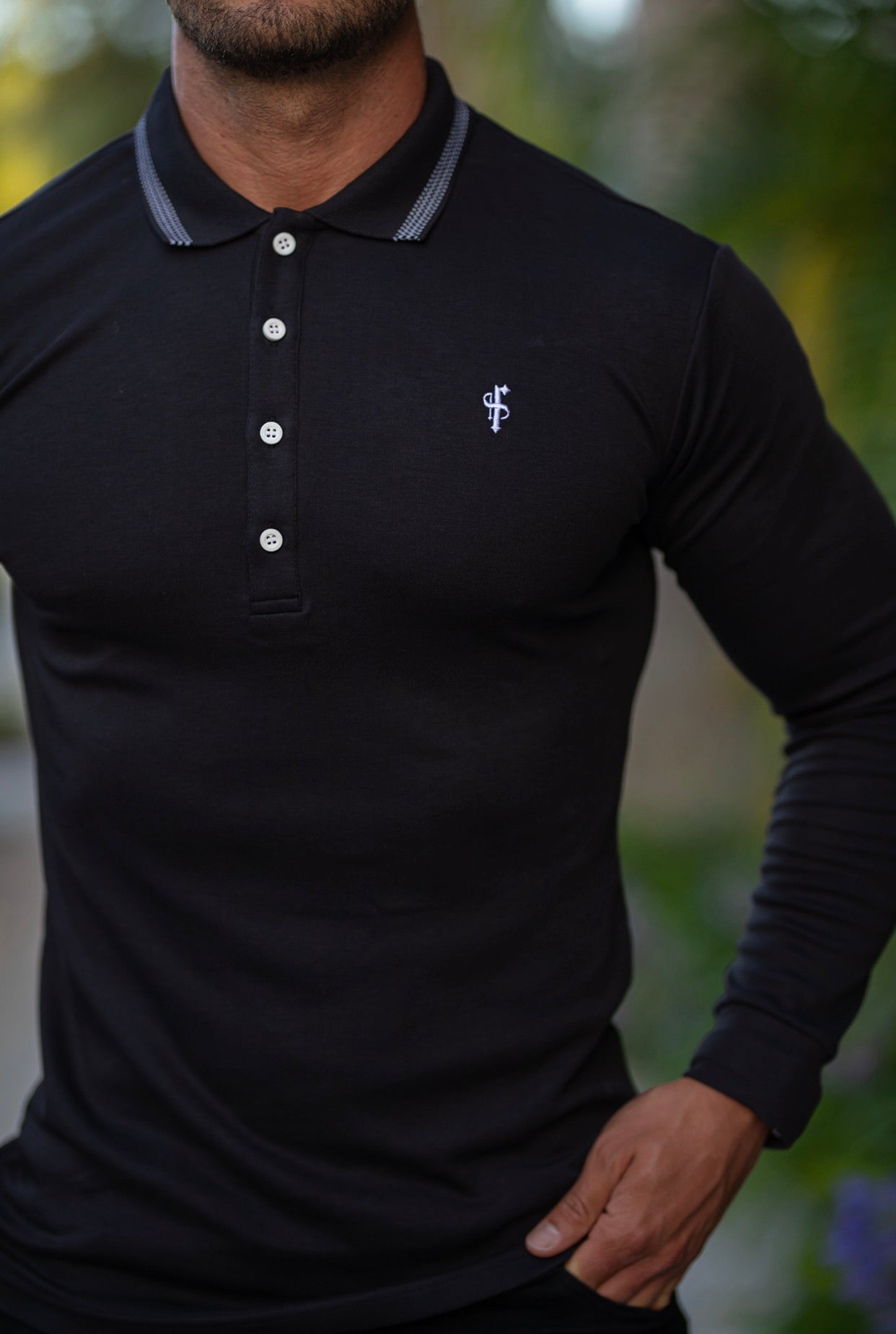 Classic Black Pima Polo Shirt with Contrast Collar Long Sleeve - FSH426