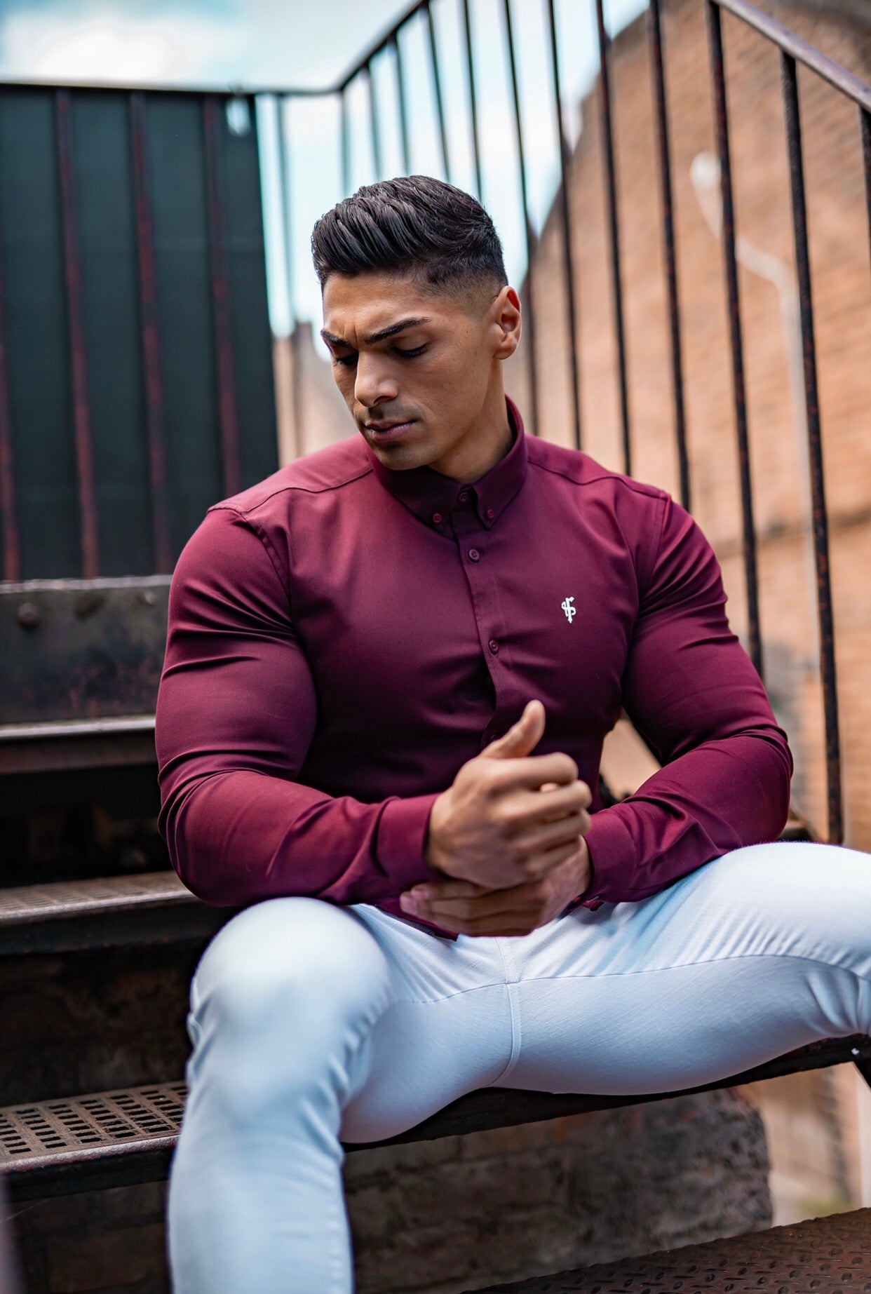 Super Slim Stretch Burgundy Denim Long Sleeve - FS212