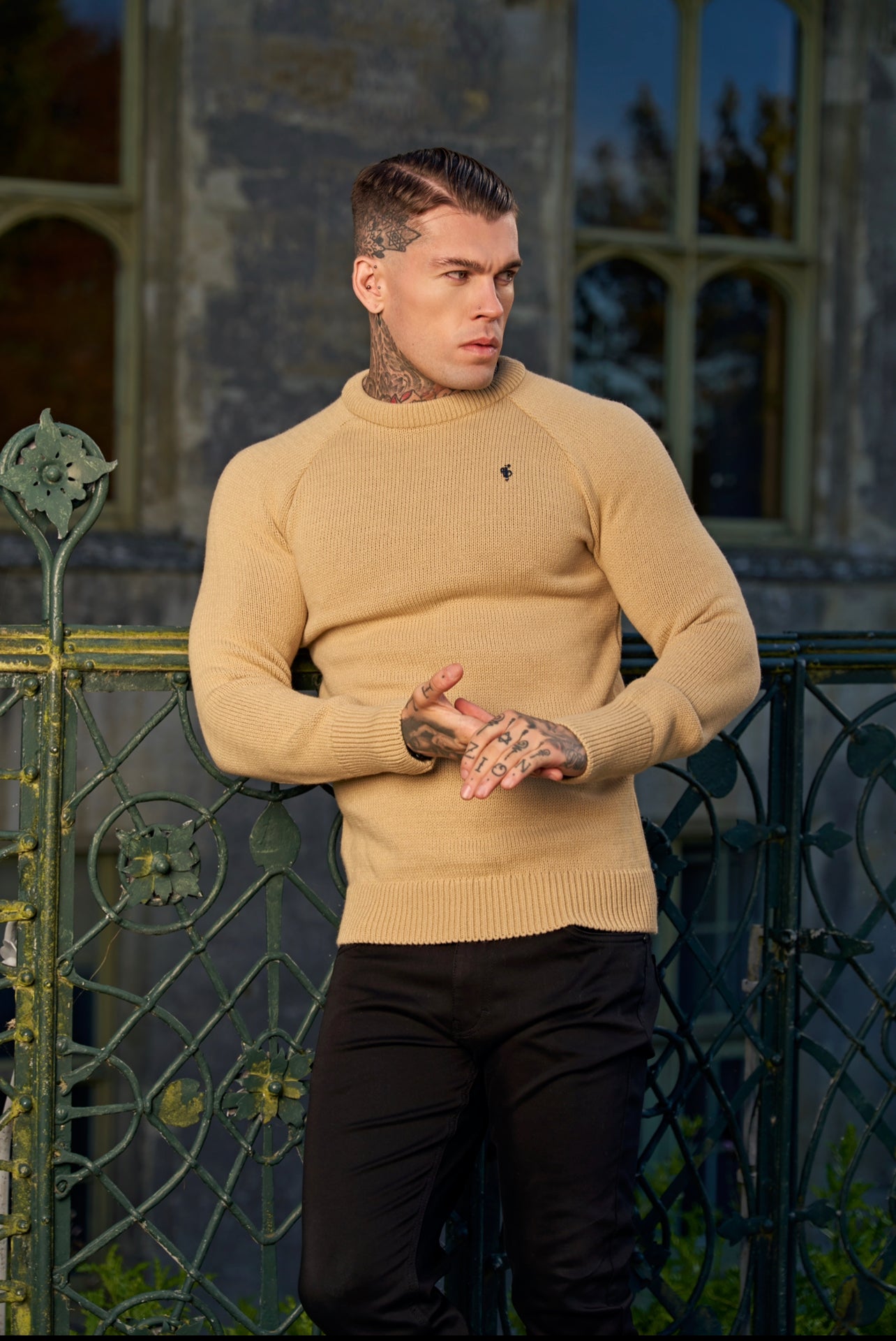 Oatmeal Knitted Raglan Crew Super Slim Jumper With Metal Decal - FSJ053