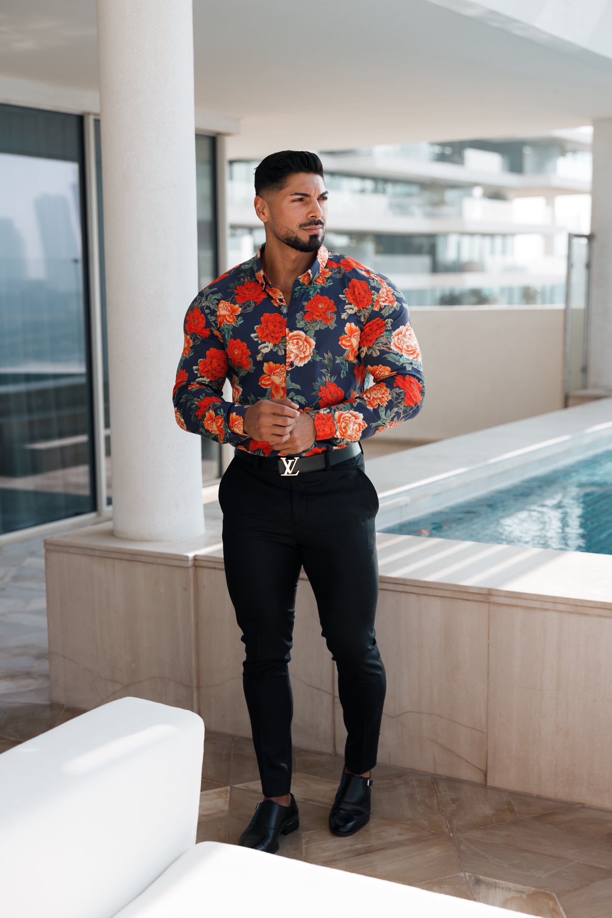Super Slim Stretch Navy and Red Floral Print Long Sleeve with Button Down Collar - FS840