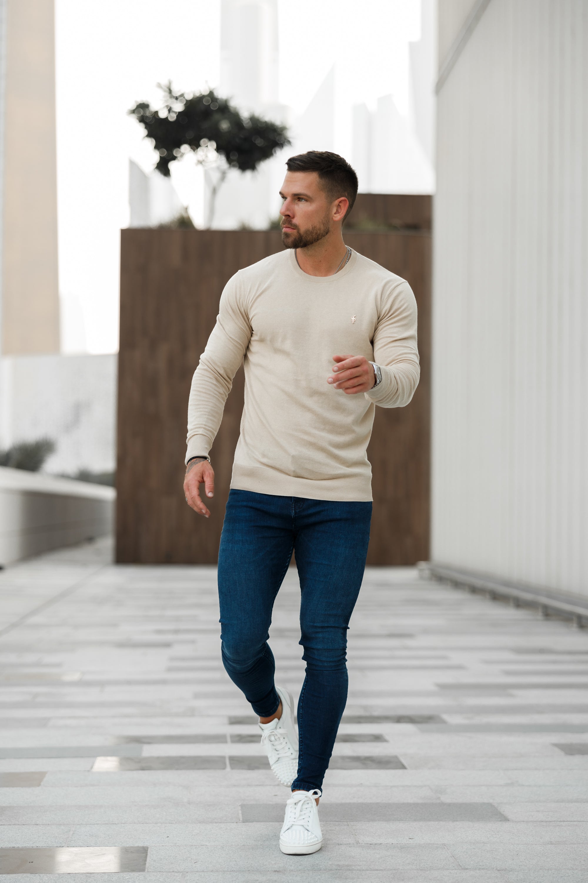 Classic Beige Light Weight Knitted Crew Neck with Gold Metal Decal - FSN093
