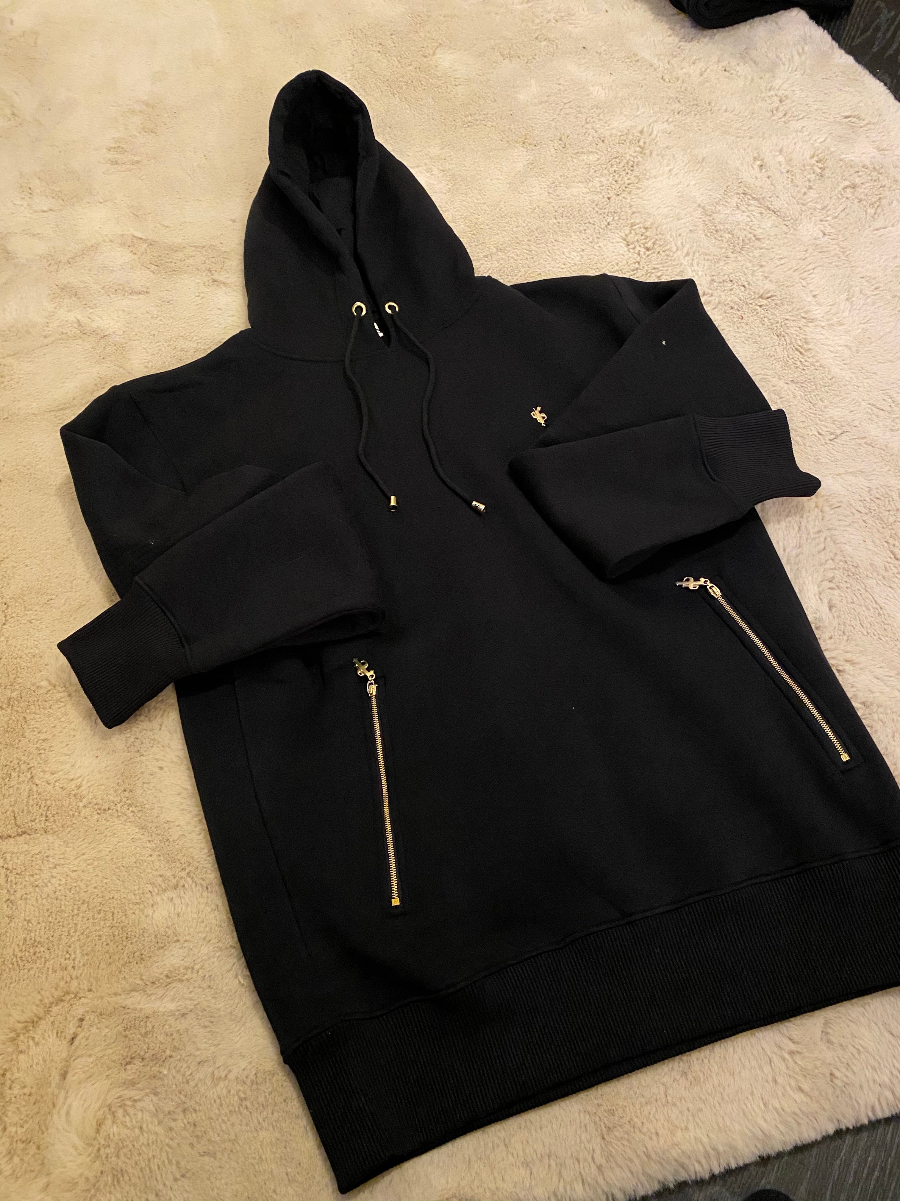 Black & Gold Overhead Hoodie Top with Zipped Pockets - FSH472