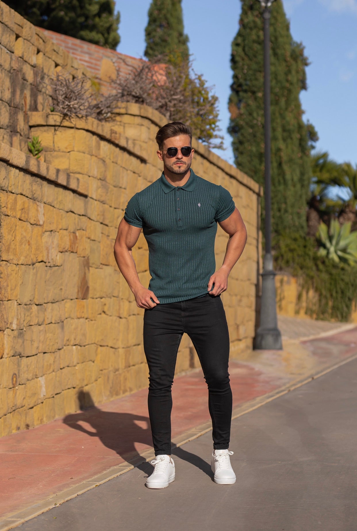 Classic Forest Green Ribbed Polo Shirt Short Sleeve with Black Metal Emblem Decal & Buttons- FSH584