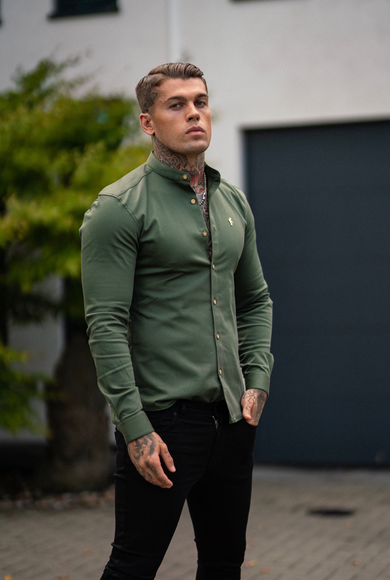 Super Slim Stretch Khaki Denim Long Sleeve Grandad collar with Metal Buttons and Decal Emblem - FS715