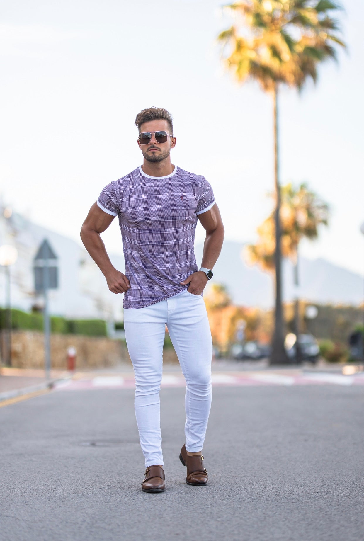 Prince of Wales Burgundy & White Check Crew T Shirt - FSH443