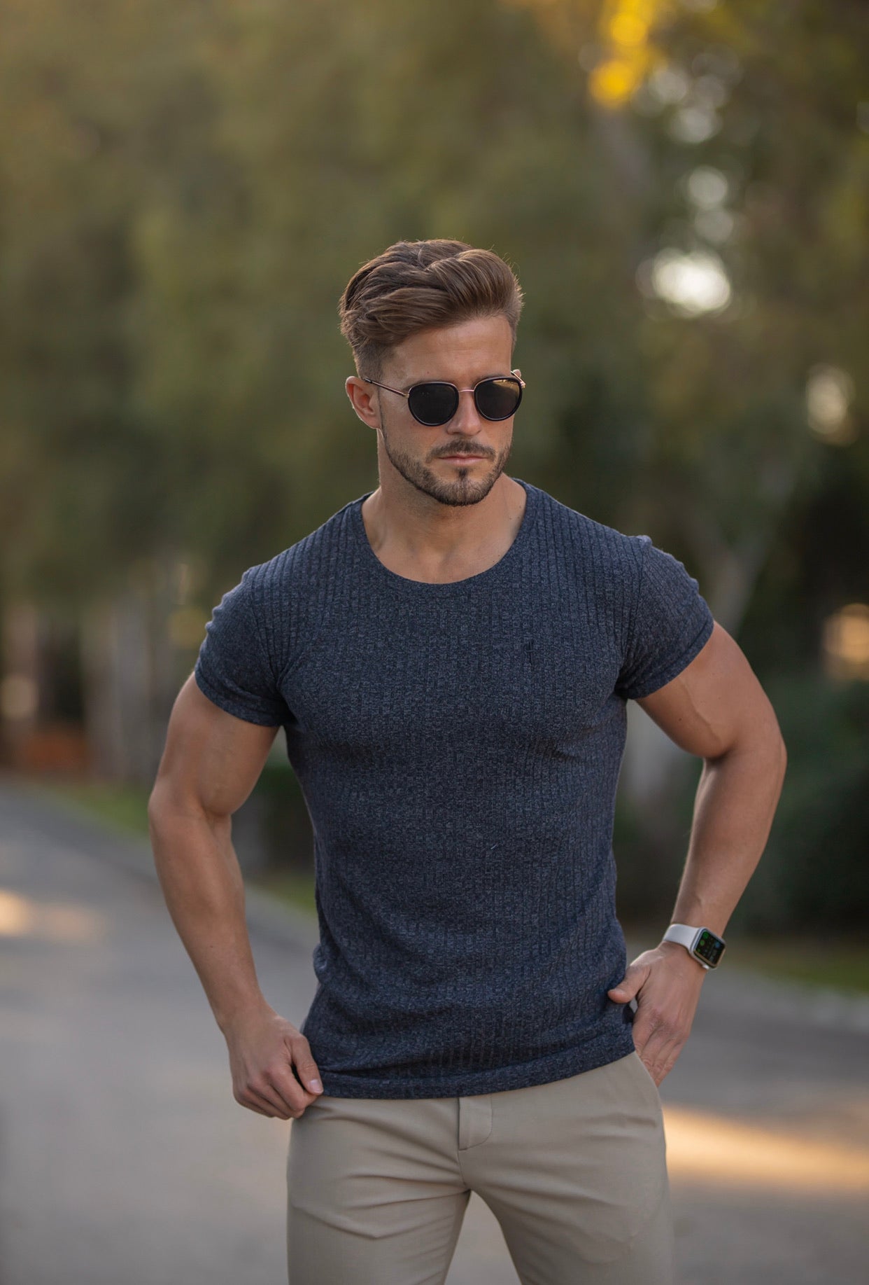 Classic Navy Ribbed Knit Super Slim Short Sleeve Crew With Navy Emblem - FSH555