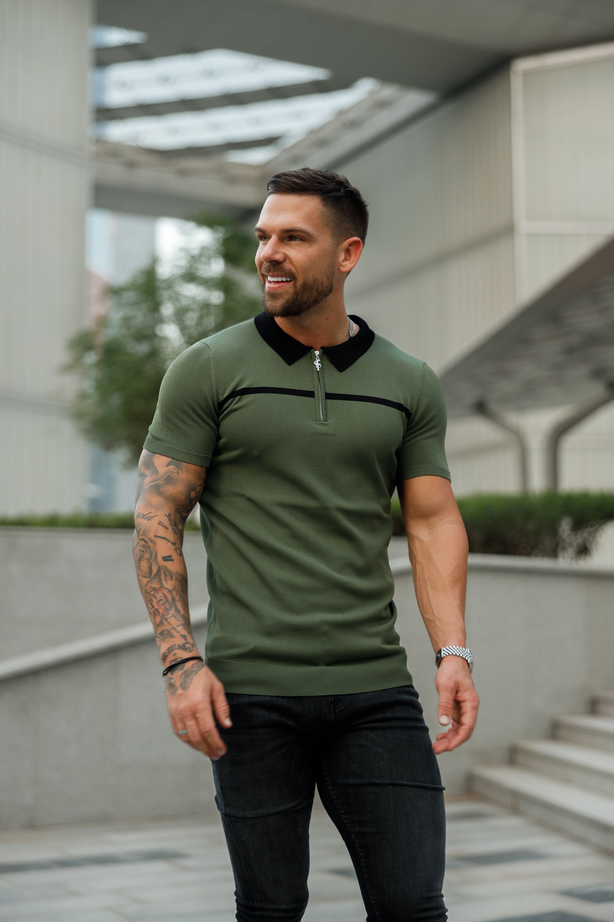 Classic Khaki / Black Horizontal Stripe Zipped Polo Short Sleeve - FSN042