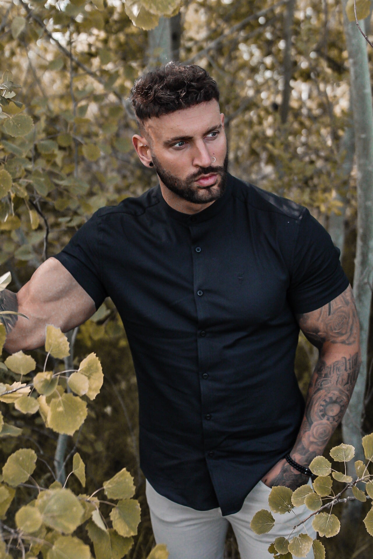 Super Slim Oxford Stretch Classic All Black Grandad Collar Short Sleeve - FS582