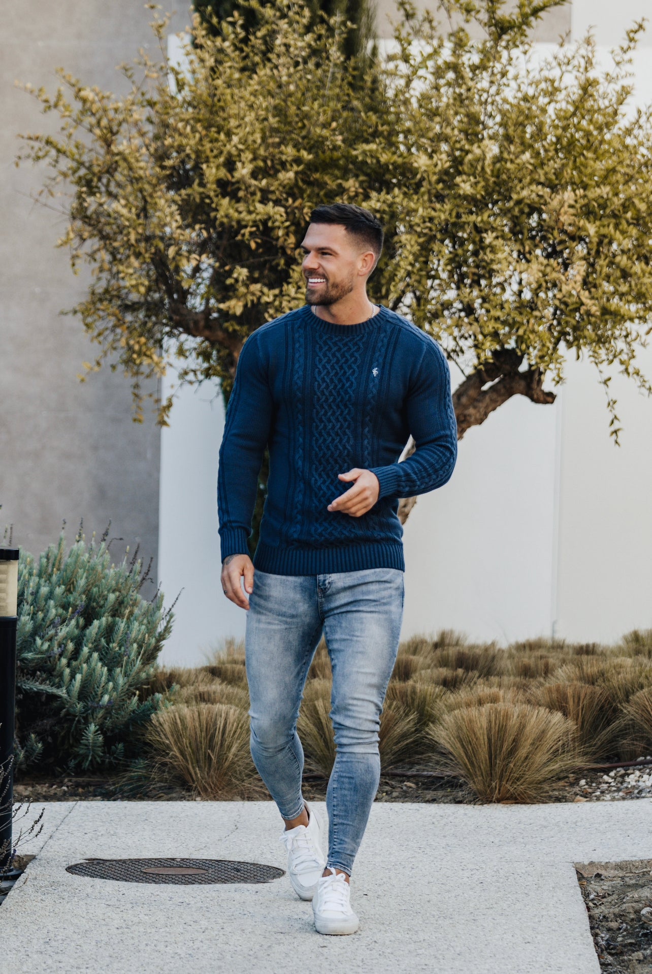 Air Force Blue Knitted Cable Saddle Crew Super Slim Jumper With Metal Decal - FSN080