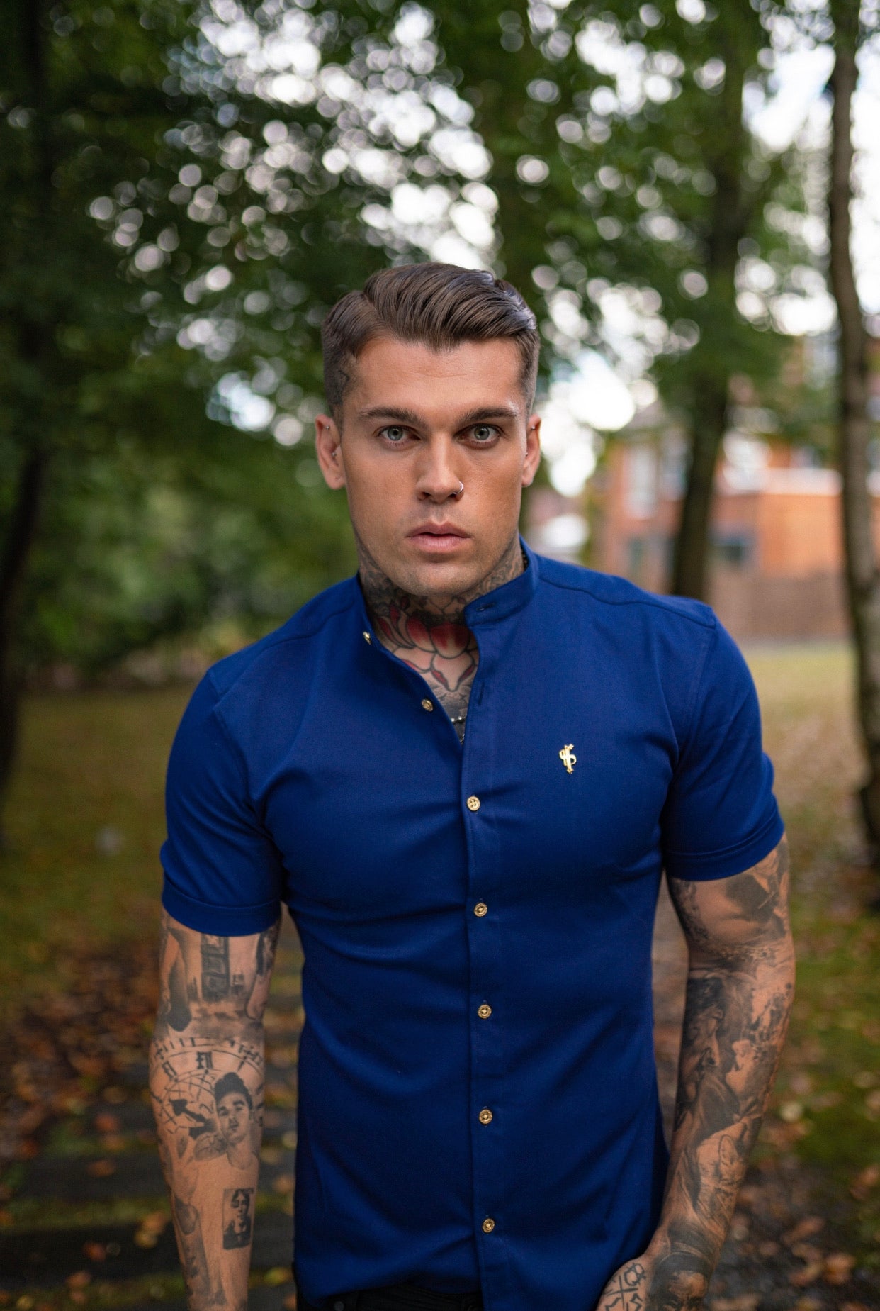 Super Slim Stretch Navy Denim Short Sleeve Grandad collar with Metal Buttons and Decal Emblem - FS714