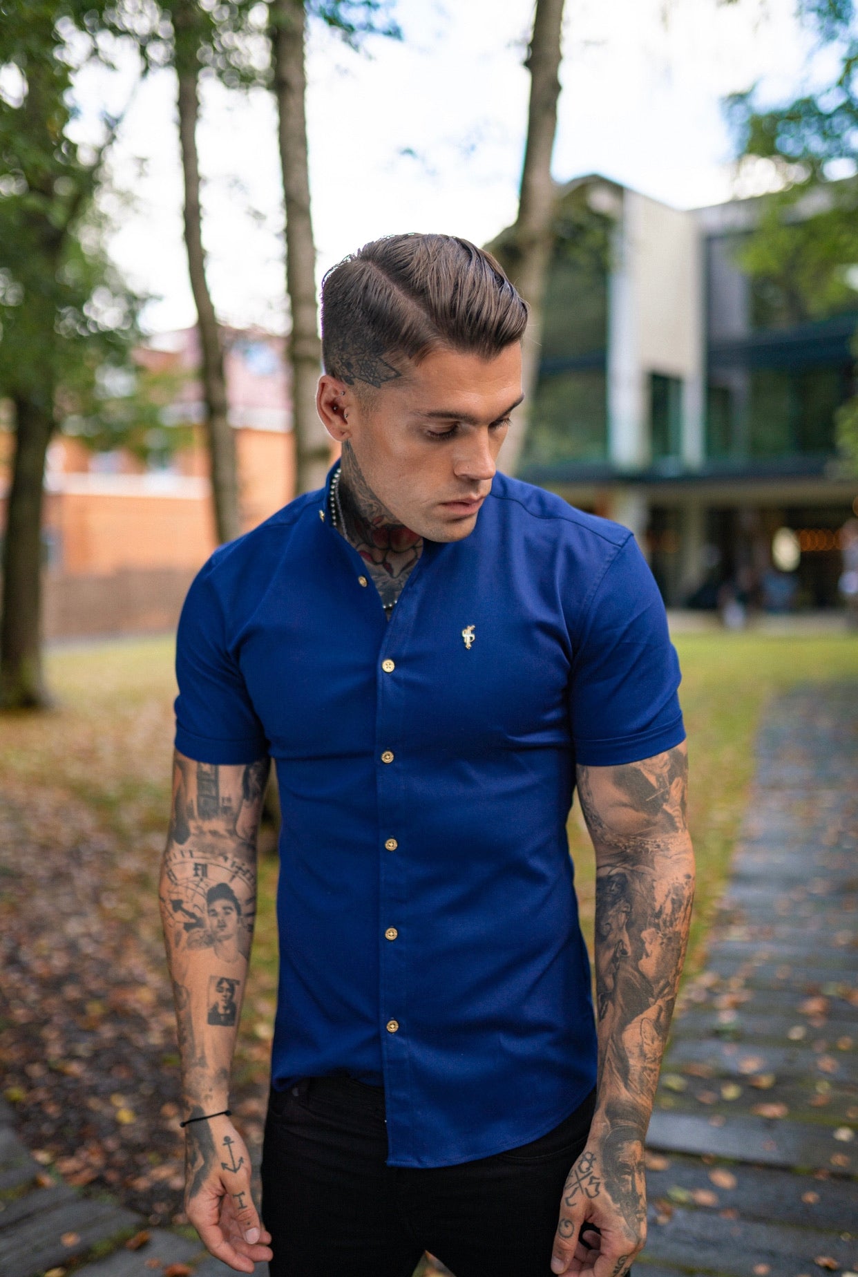 Super Slim Stretch Navy Denim Short Sleeve Grandad collar with Metal Buttons and Decal Emblem - FS714