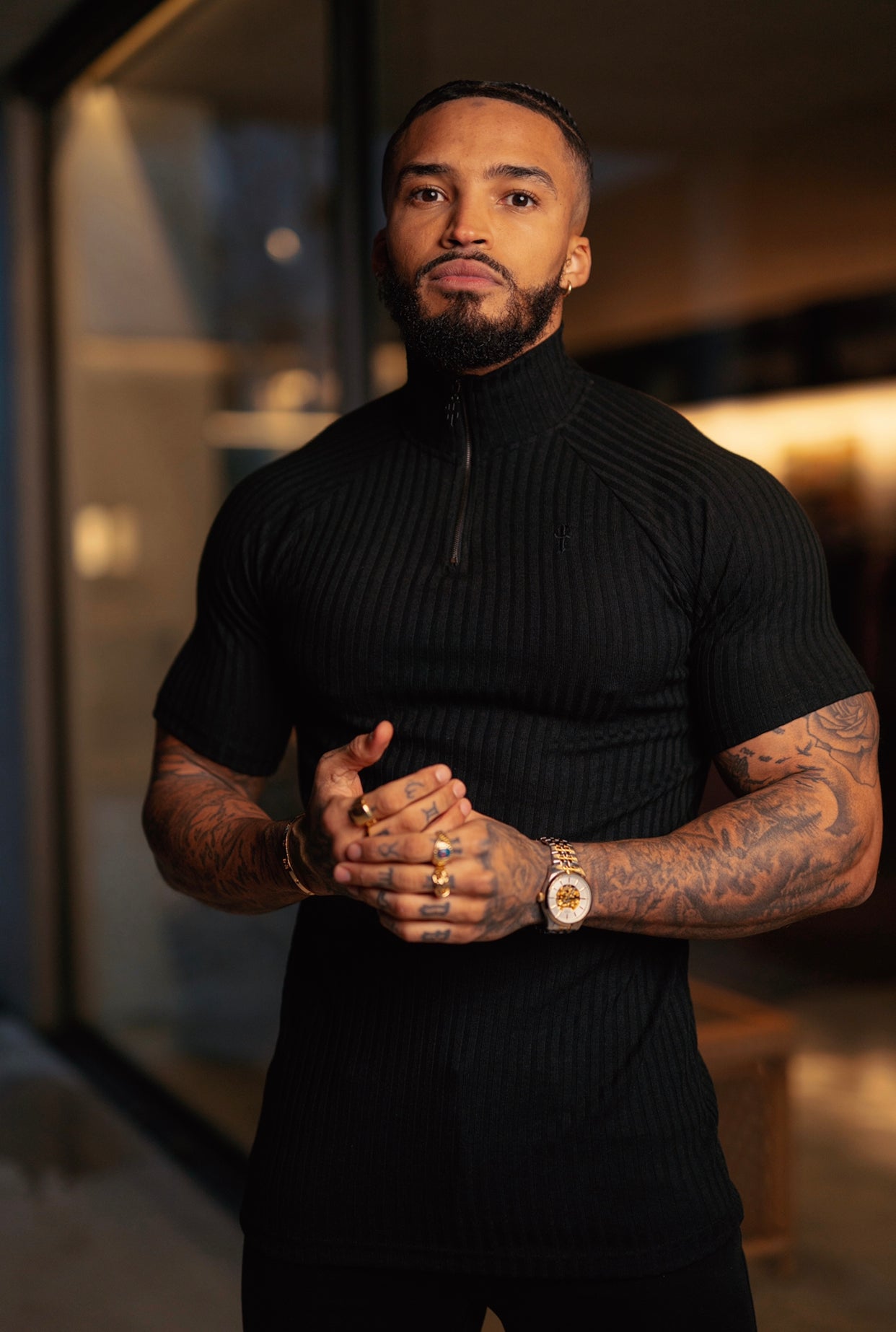 Classic Black Ribbed Zip Funnel Neck Raglan Short Sleeve Crew - FSH729