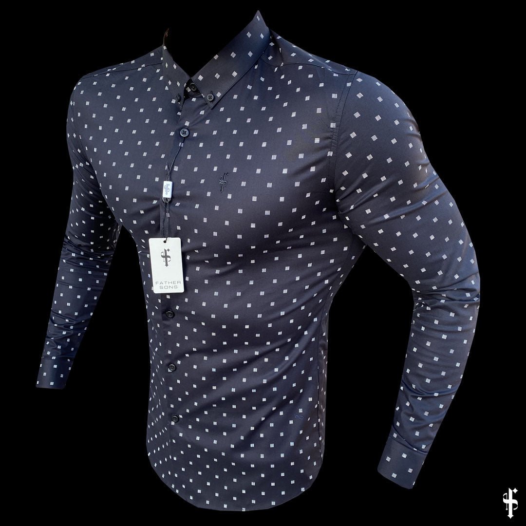 Super Slim Stretch Black & Off White Broken Square Print Long Sleeve - FS662