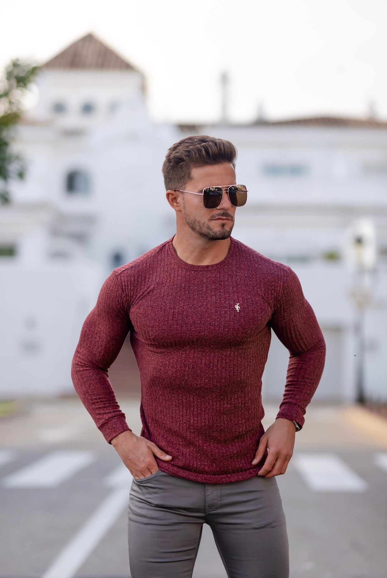 Classic Claret Ribbed Knit Jumper With Gold Metal Emblem - FSH538