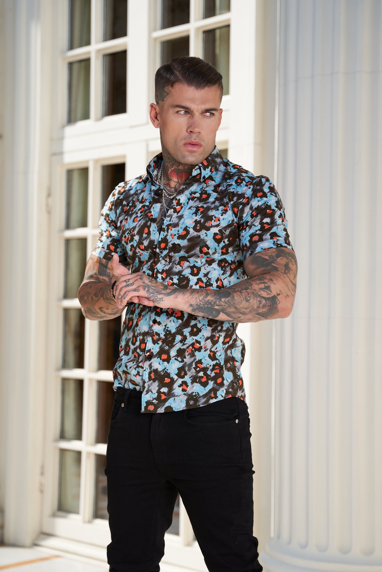 Super Slim Stretch Multi Colour Abstract Leopard Print Short Sleeve with Button Down Collar - FS790