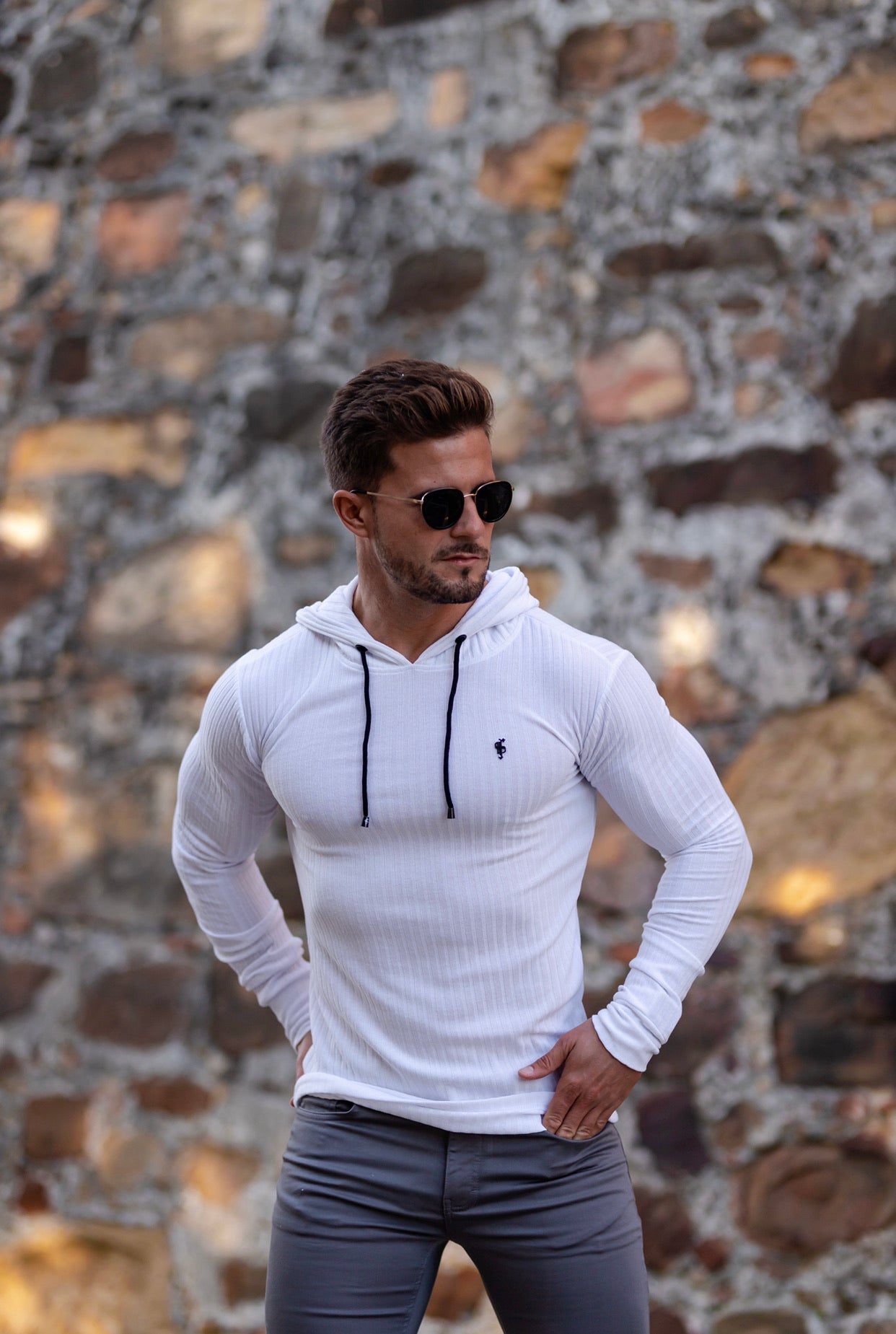 Classic White Ribbed Knit Hoodie Jumper With Black Decal - FSH540