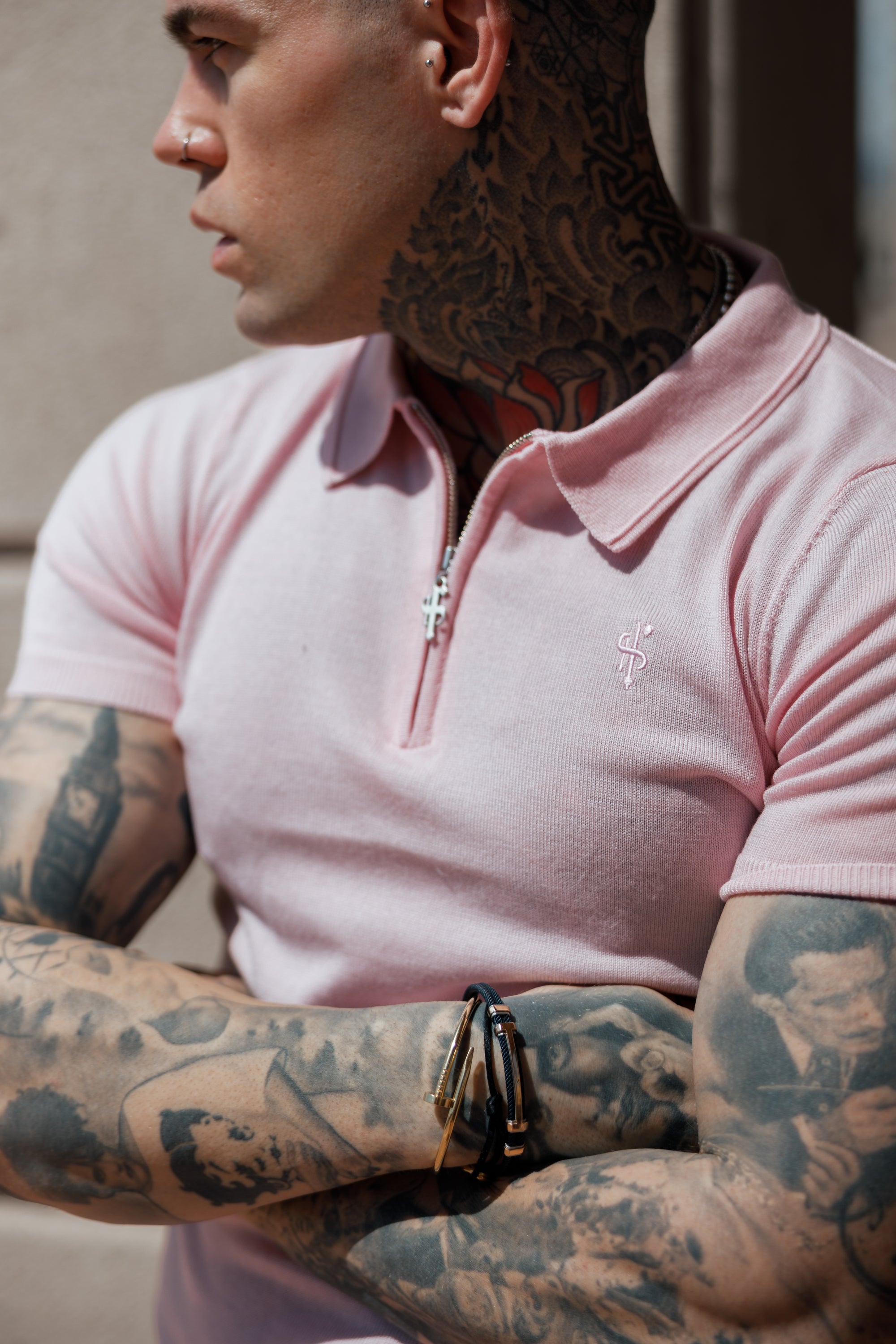 Classic Pale Pink Merino Wool Knitted Zip Polo Short Sleeve Jumper With FS Embroidery- FSN029