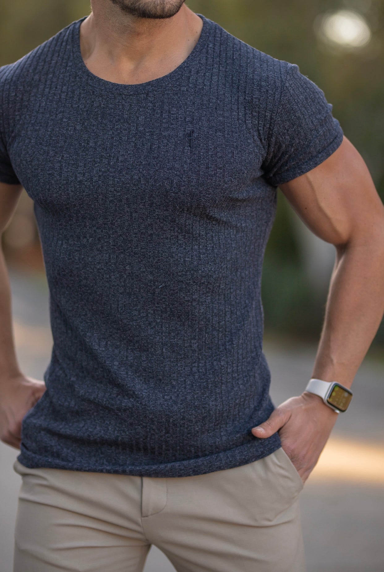 Classic Navy Ribbed Knit Super Slim Short Sleeve Crew With Navy Emblem - FSH555