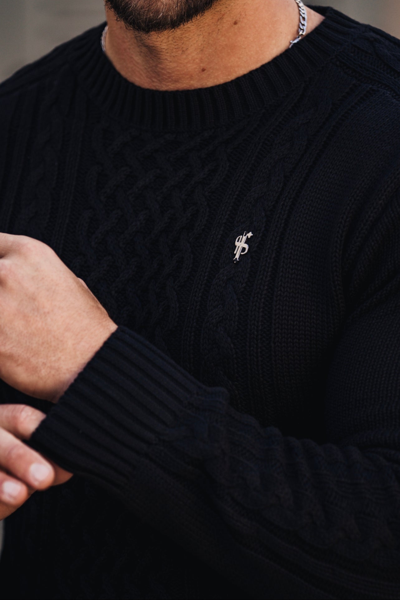 Black Knitted Cable Saddle Crew Super Slim Jumper With Metal Decal - FSN073