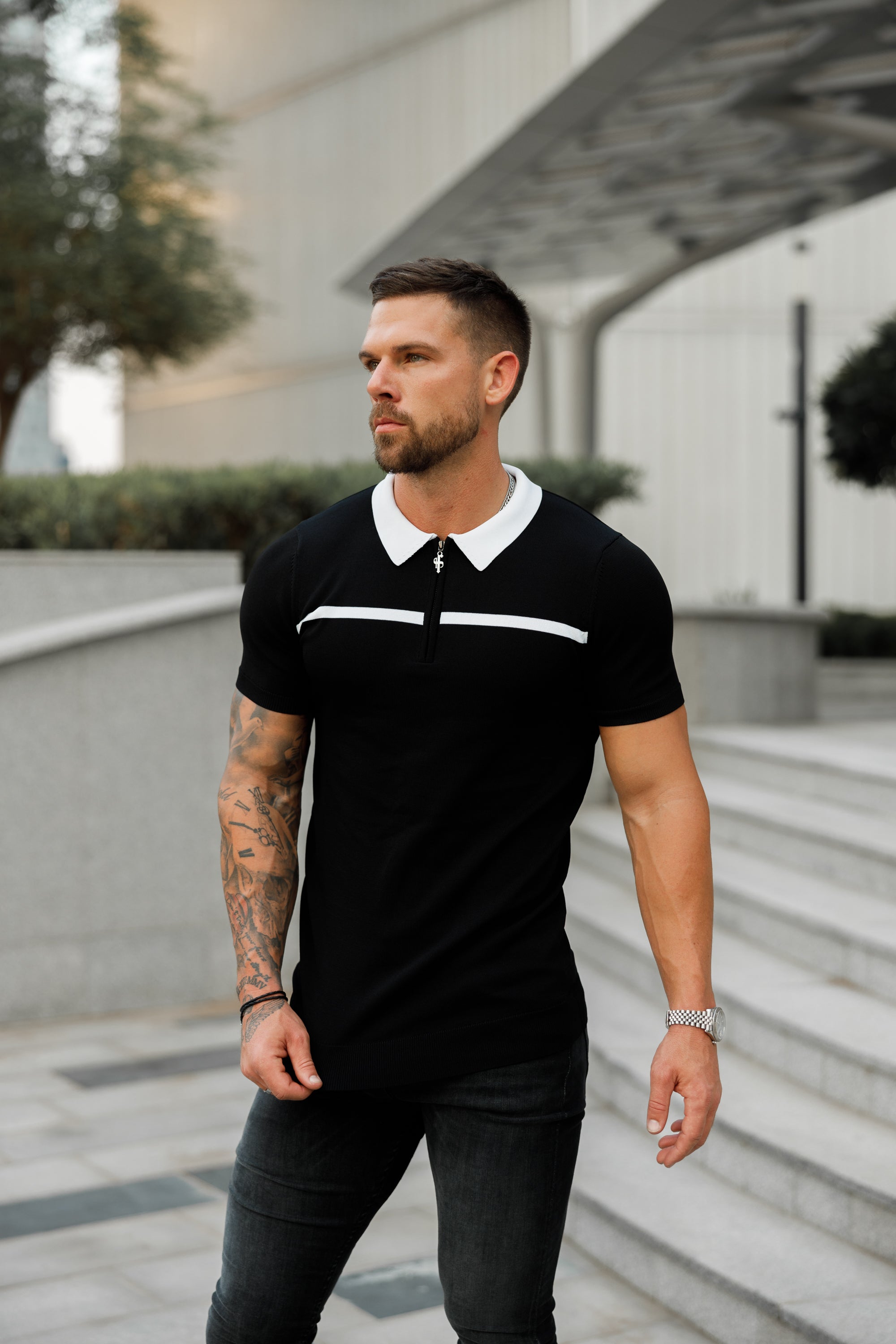 Classic Black / White Horizontal Stripe Zipped Polo Short Sleeve - FSN038