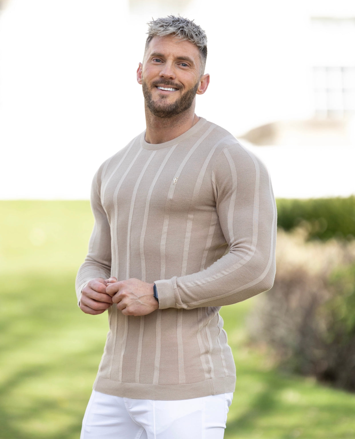 Classic Long Sleeve Oatmeal Knitted Wide Rib Crew with Gold Emblem - FSH740