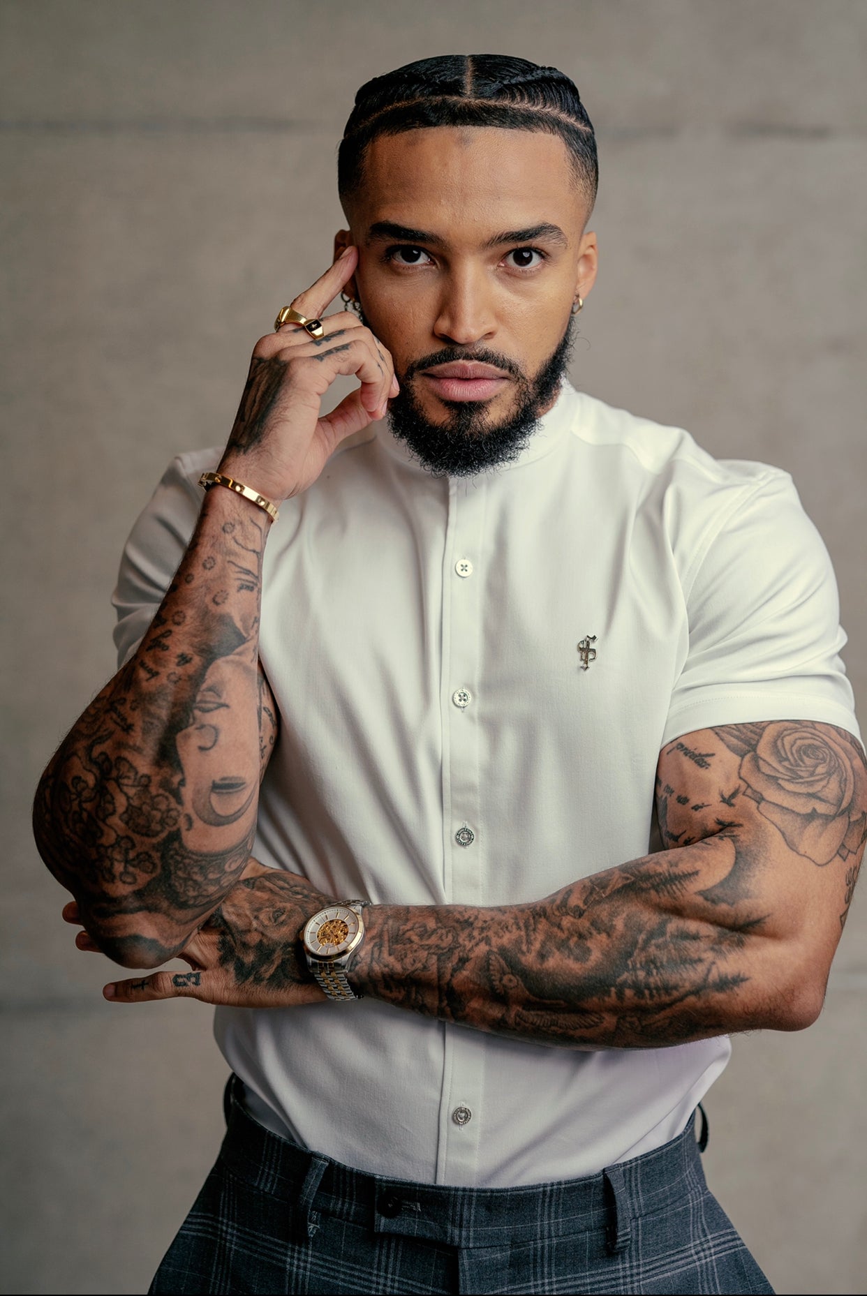 Super Slim Stretch White Denim Short Sleeve Grandad collar with Silver Metal Buttons and Decal Emblem - FS762