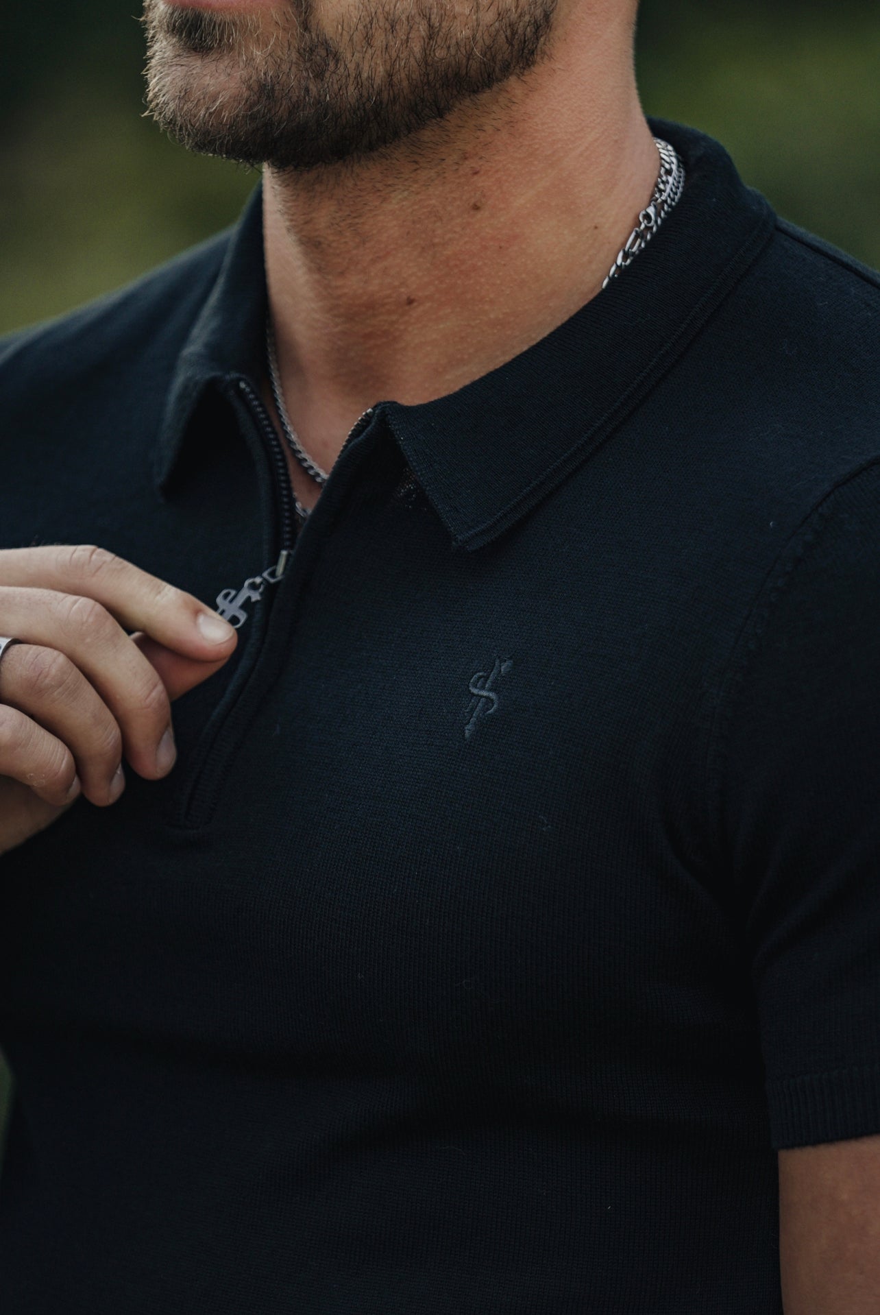 Classic Black Merino Wool Knitted Zip Polo Short Sleeve Jumper With FS Embroidery- FSN023