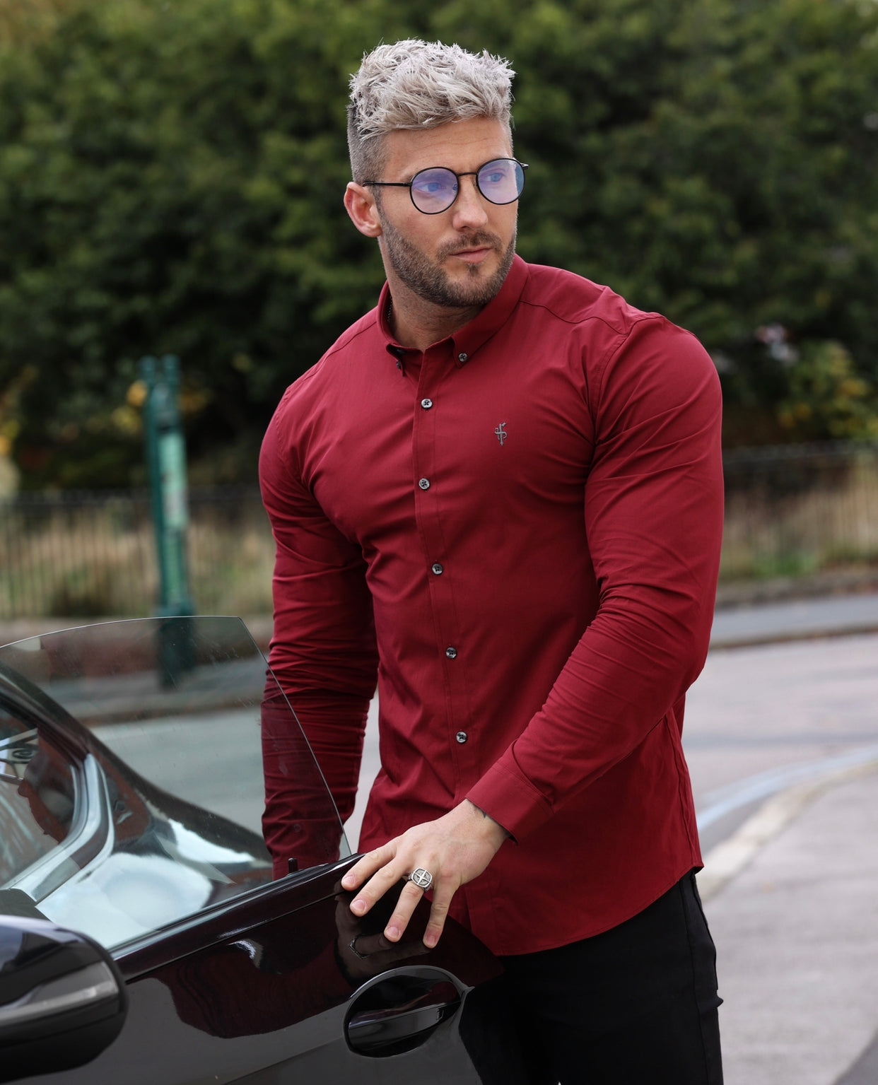 Super Slim Stretch Classic Ox Blood Long Sleeve With Button Down Collar - FS821