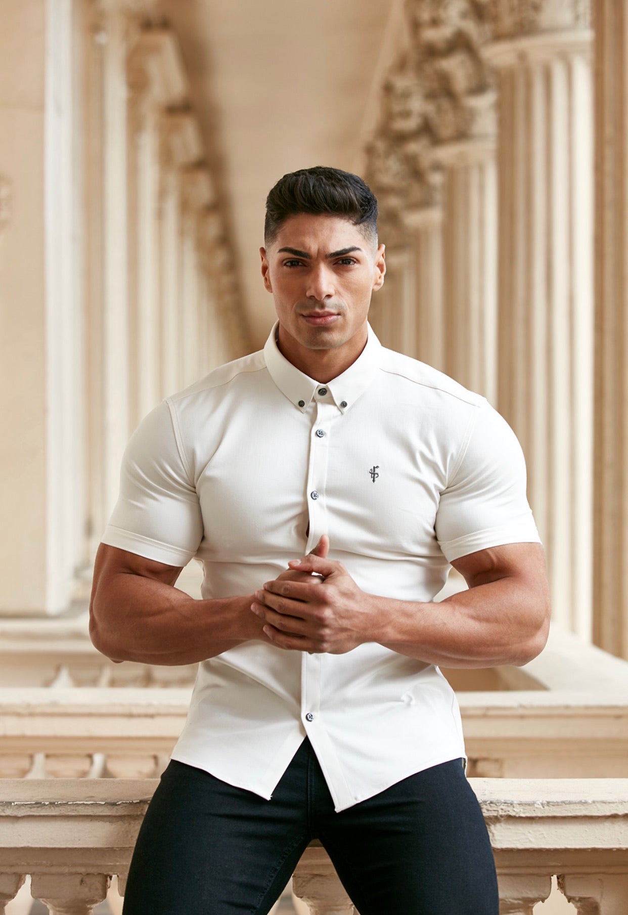 Super Slim Stretch Cream Denim Short Sleeve - FS202