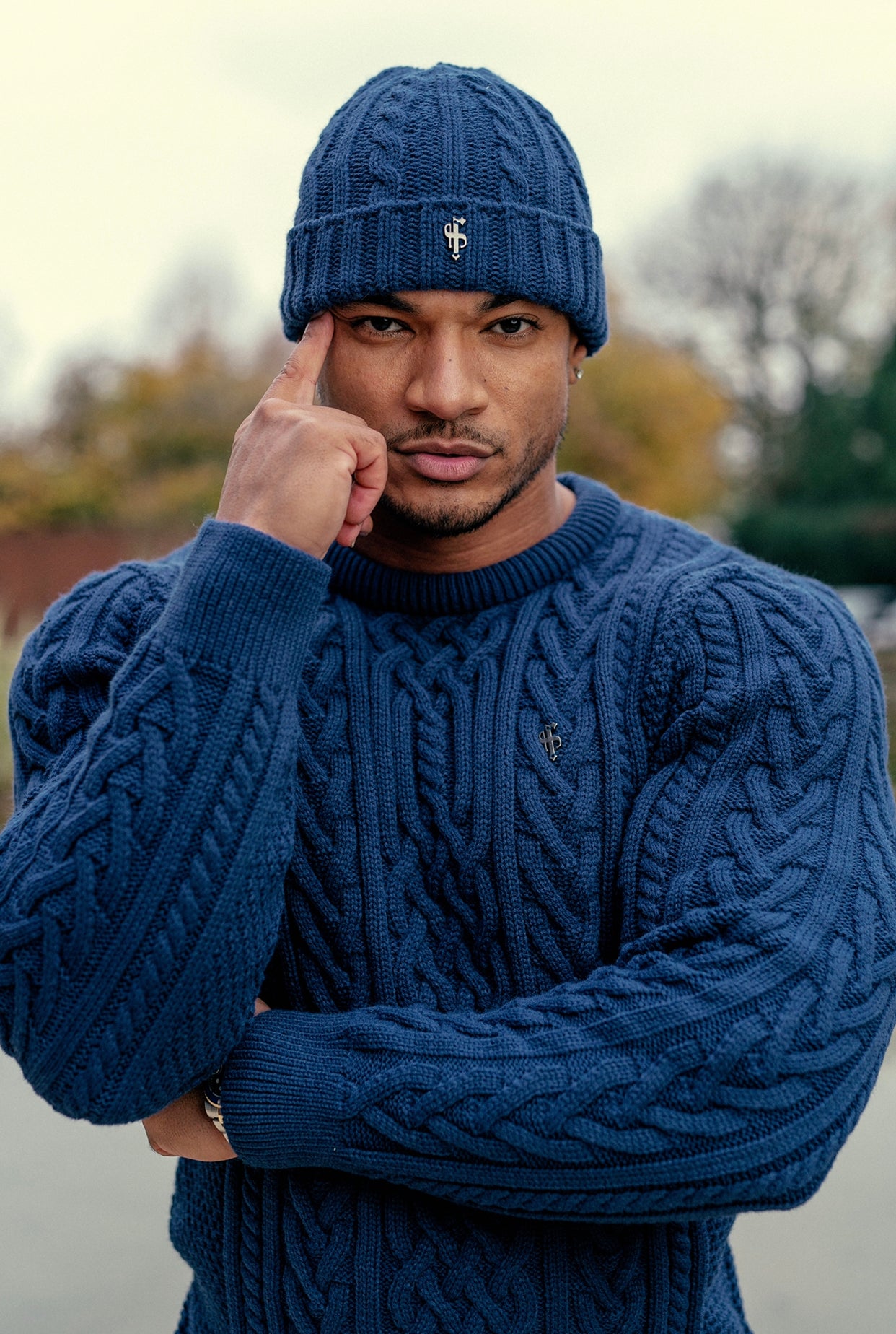 Royal Blue Twisted Braid Weave Super Slim Jumper With Gunmetal Decal - FSJ042