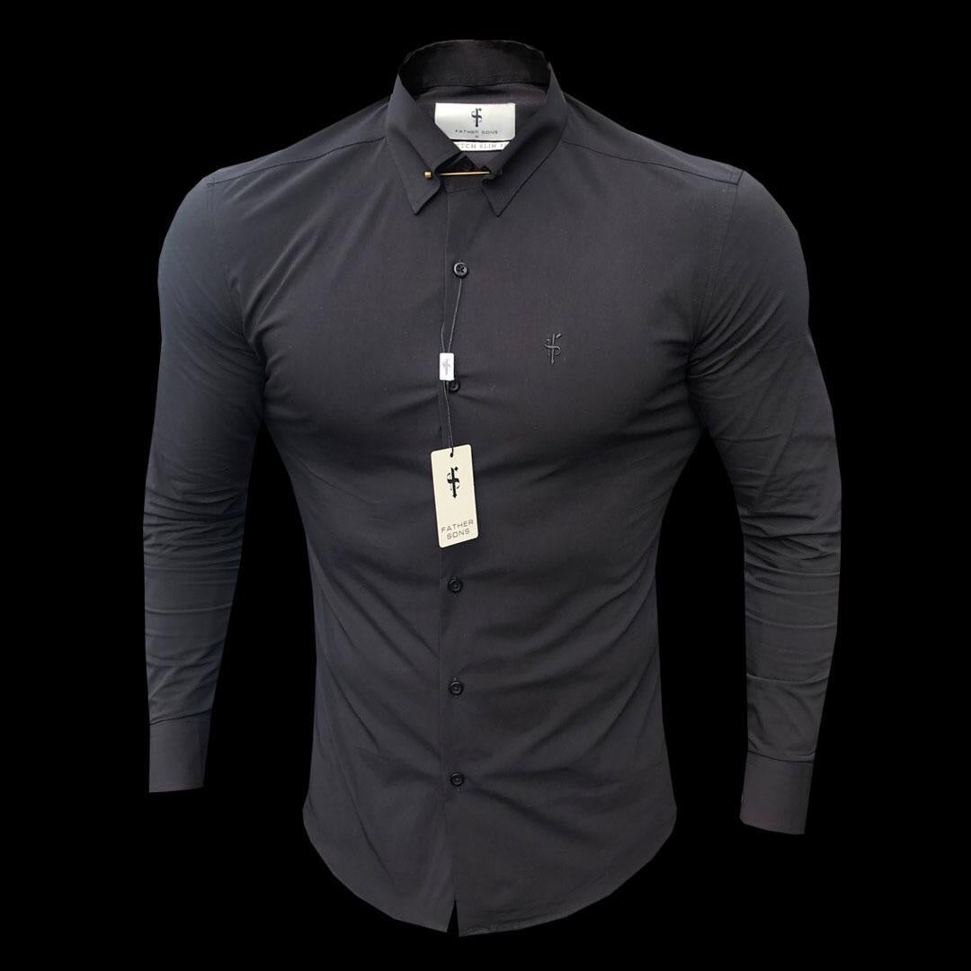 Regular Stretch Black Stretch Shirt with Gold Pin Collar - FS594
