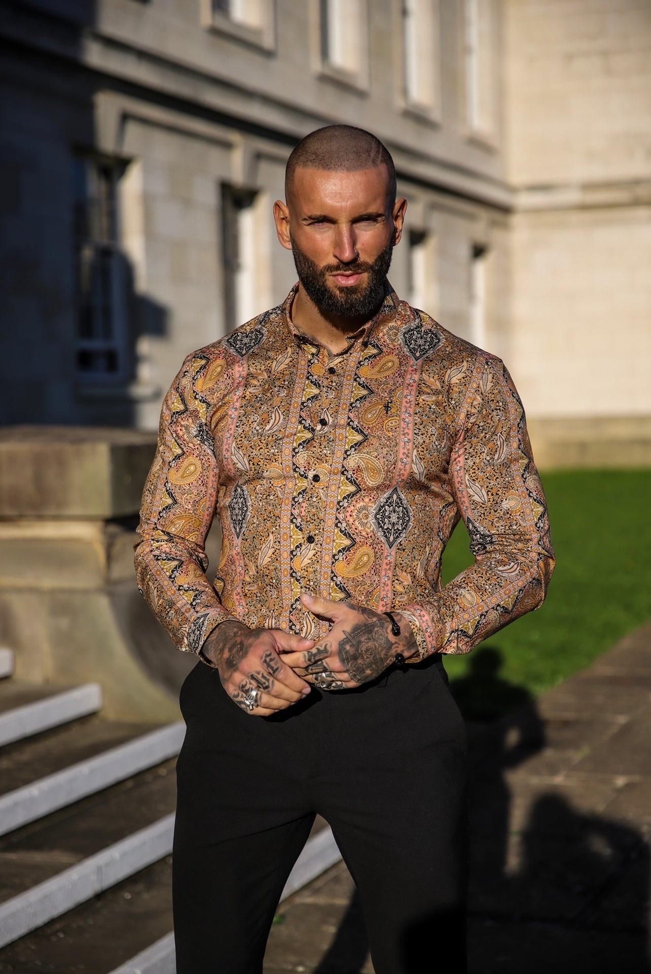 Super Slim Stretch Tan Paisley Print Long Sleeve with Button Down Collar - FS892